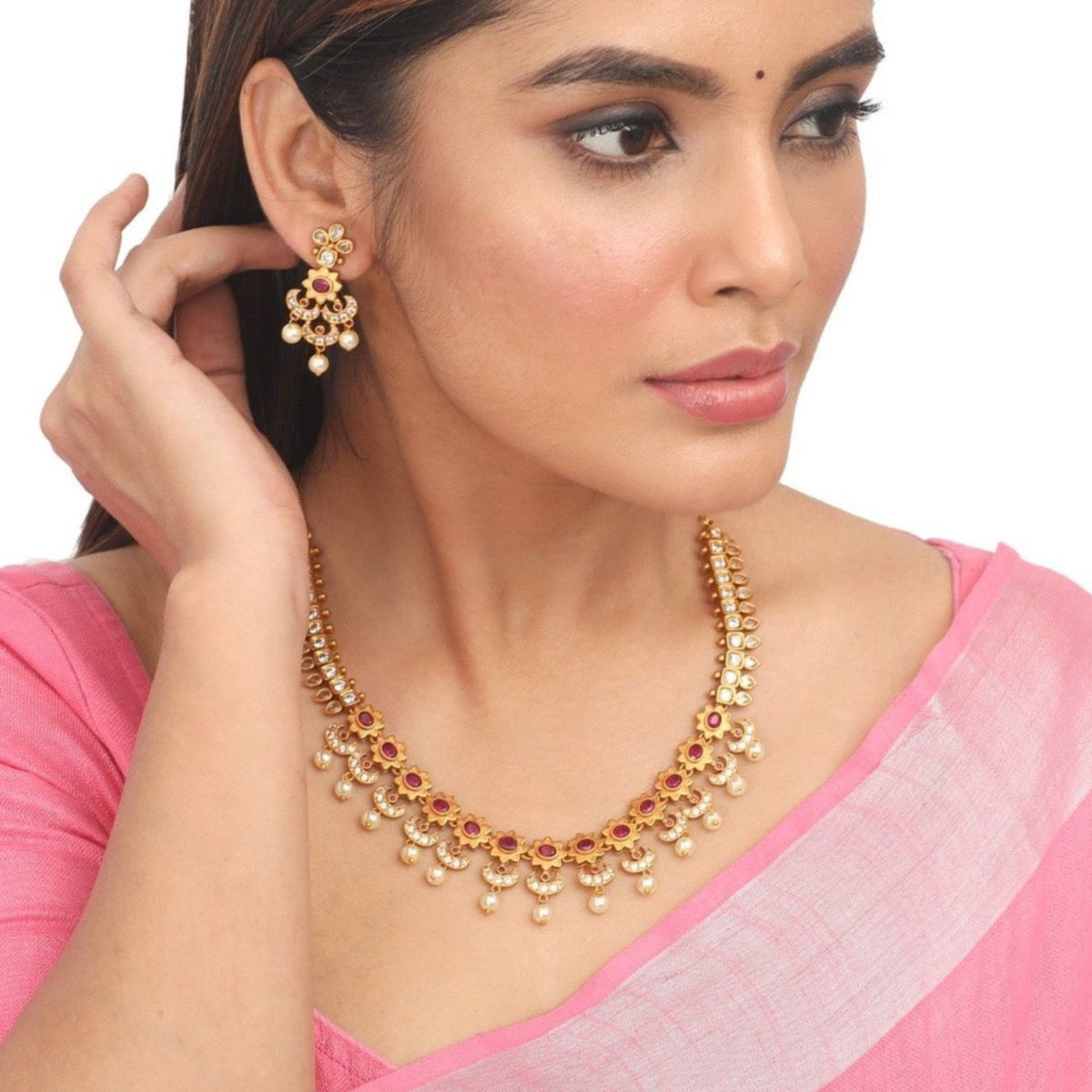 Antique Gold Plated Kalika Necklace Earrings Set
