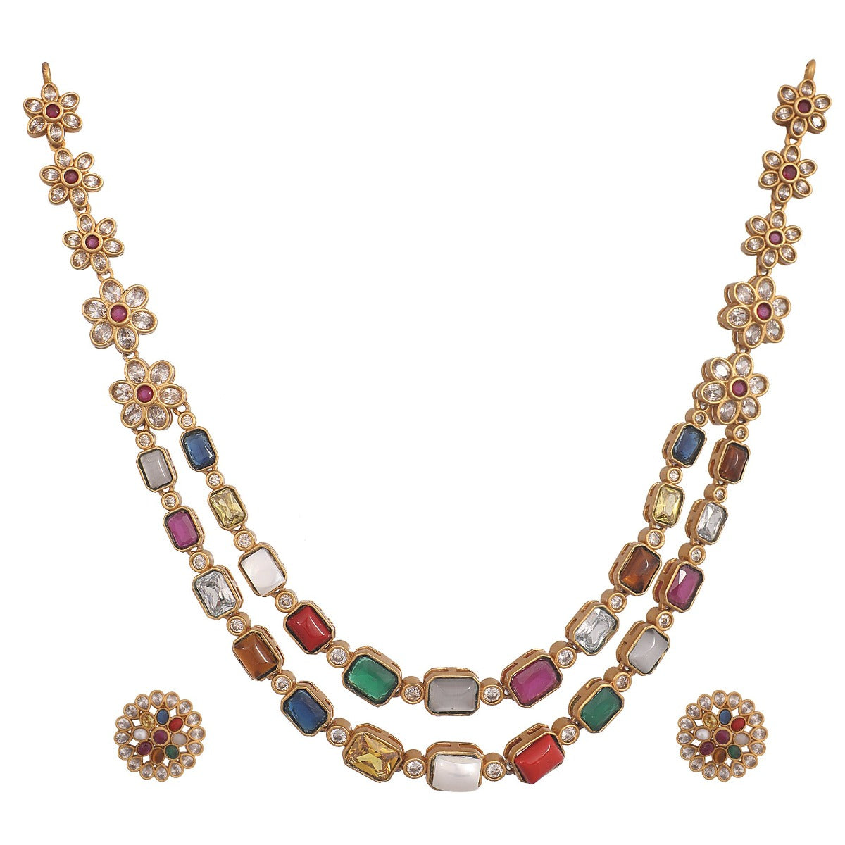 Antique Gold Plated Pahal Navaratna Necklace Earring Set