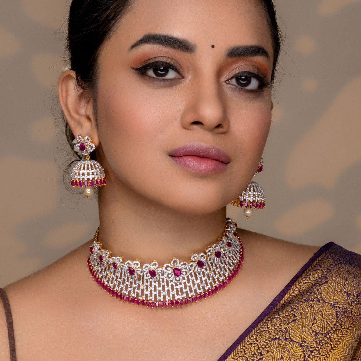 Lilac Floral Red Nakshatra CZ Choker Set