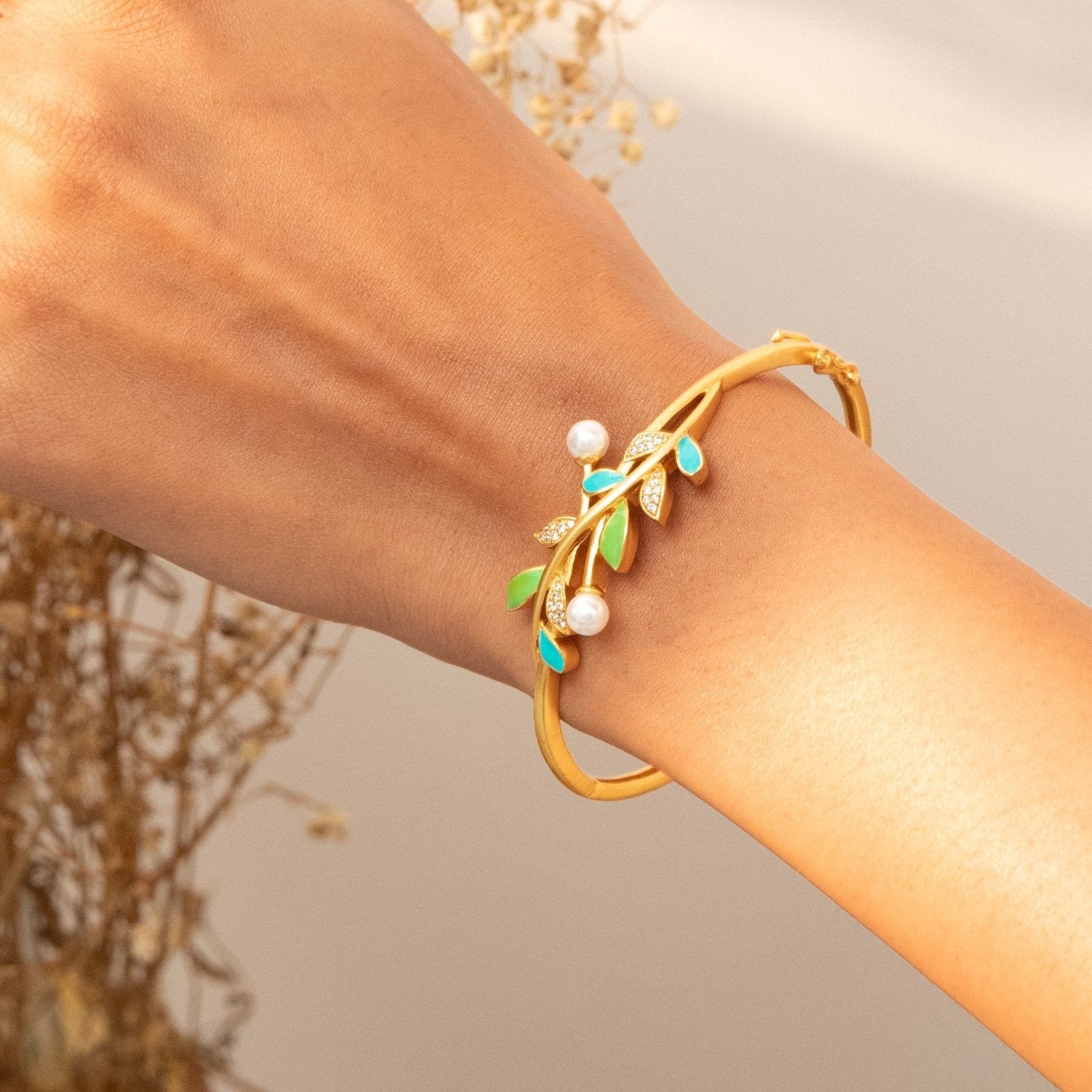 Eriha Pearl Nakshtra CZ Green Leaf Bracelet