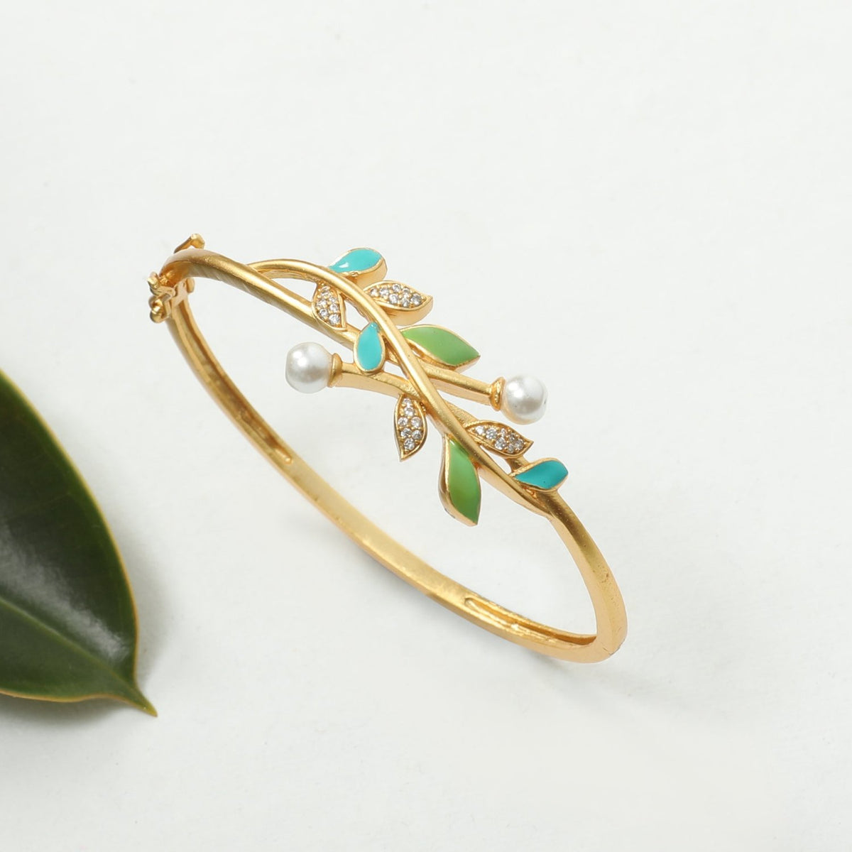 Eriha Pearl Nakshtra CZ Green Leaf Bracelet