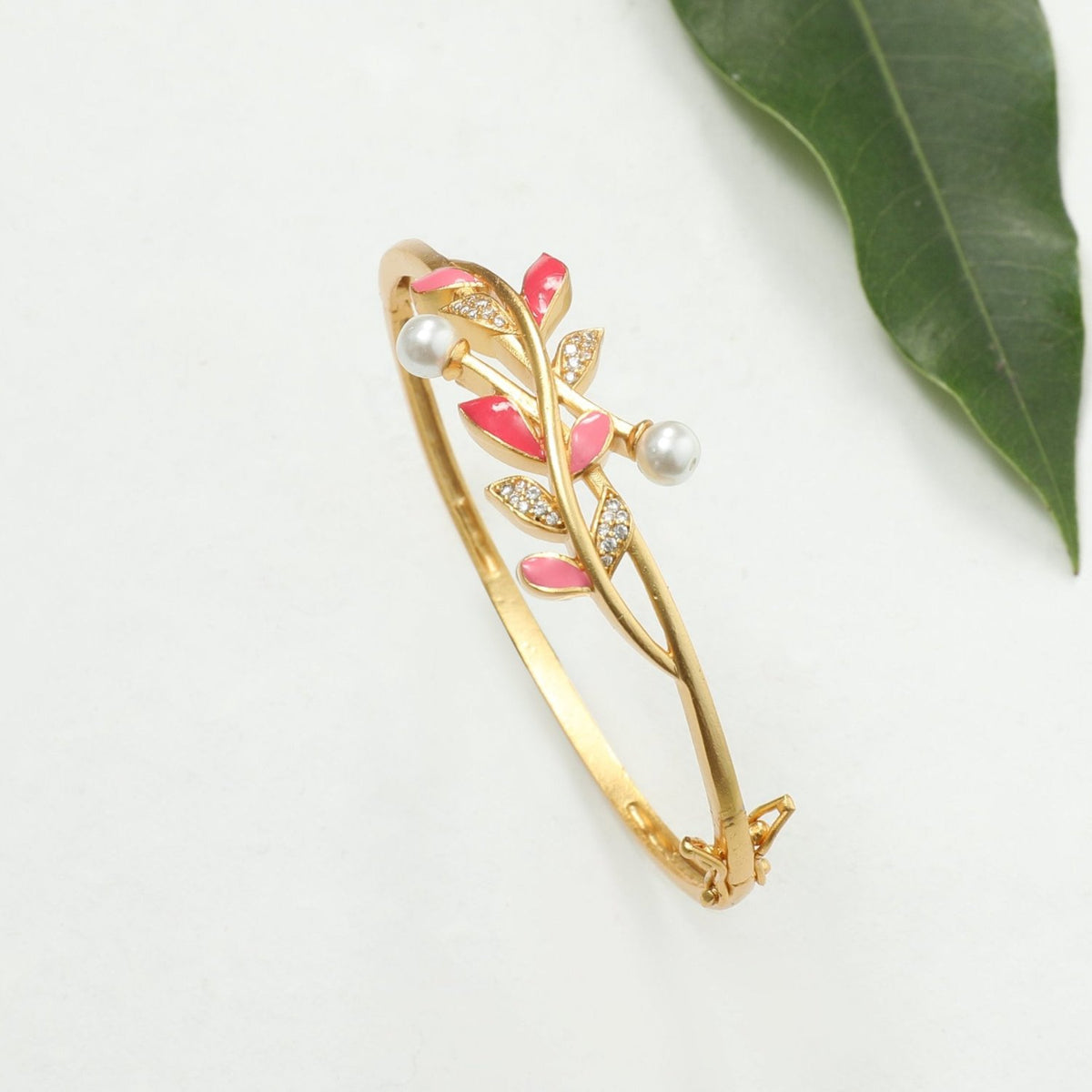 Eriha Pearl Nakshtra CZ Pink Leaf Bracelet