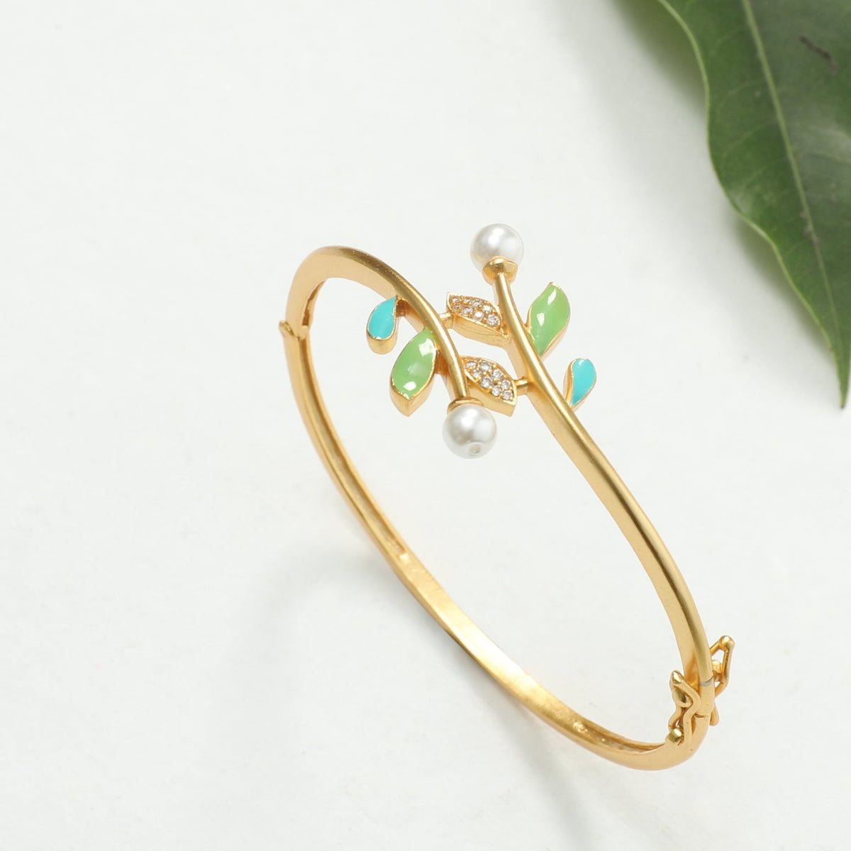 Eriha Pearl CZ Green Leaf Cuff Bracelet