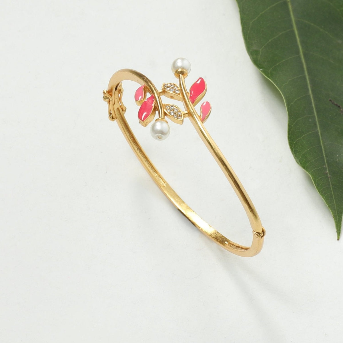 Eriha Pearl CZ Pink Leaf Cuff Bracelet