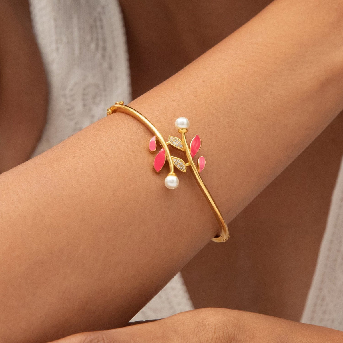 Eriha Pearl CZ Pink Leaf Cuff Bracelet