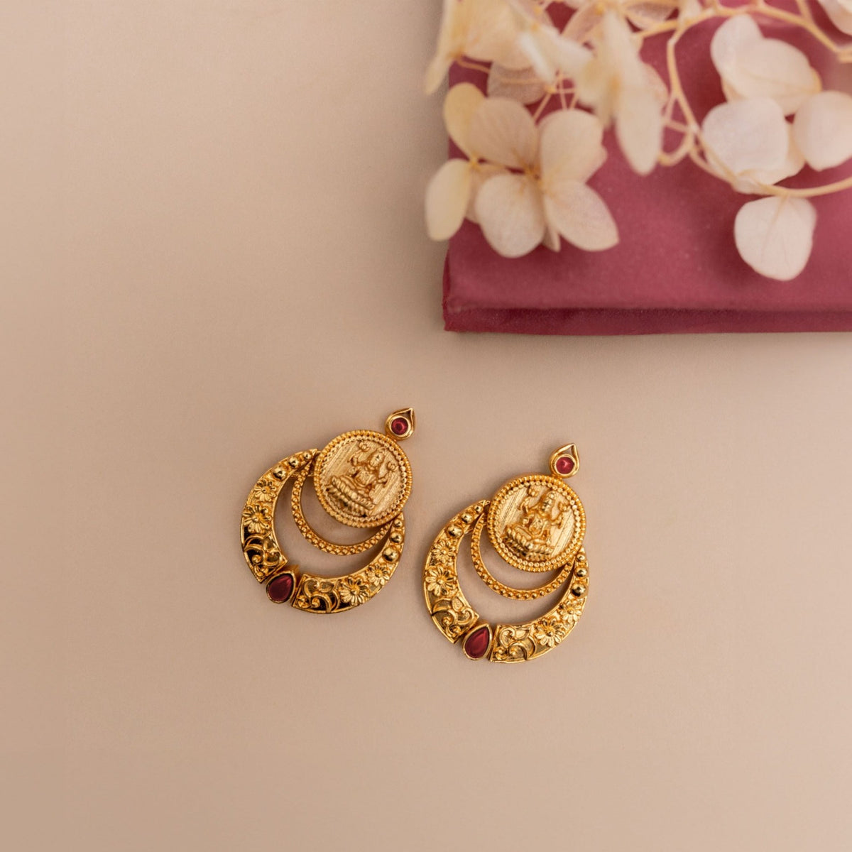 Shreeja Antique Red Kempu Chandbali Earrings