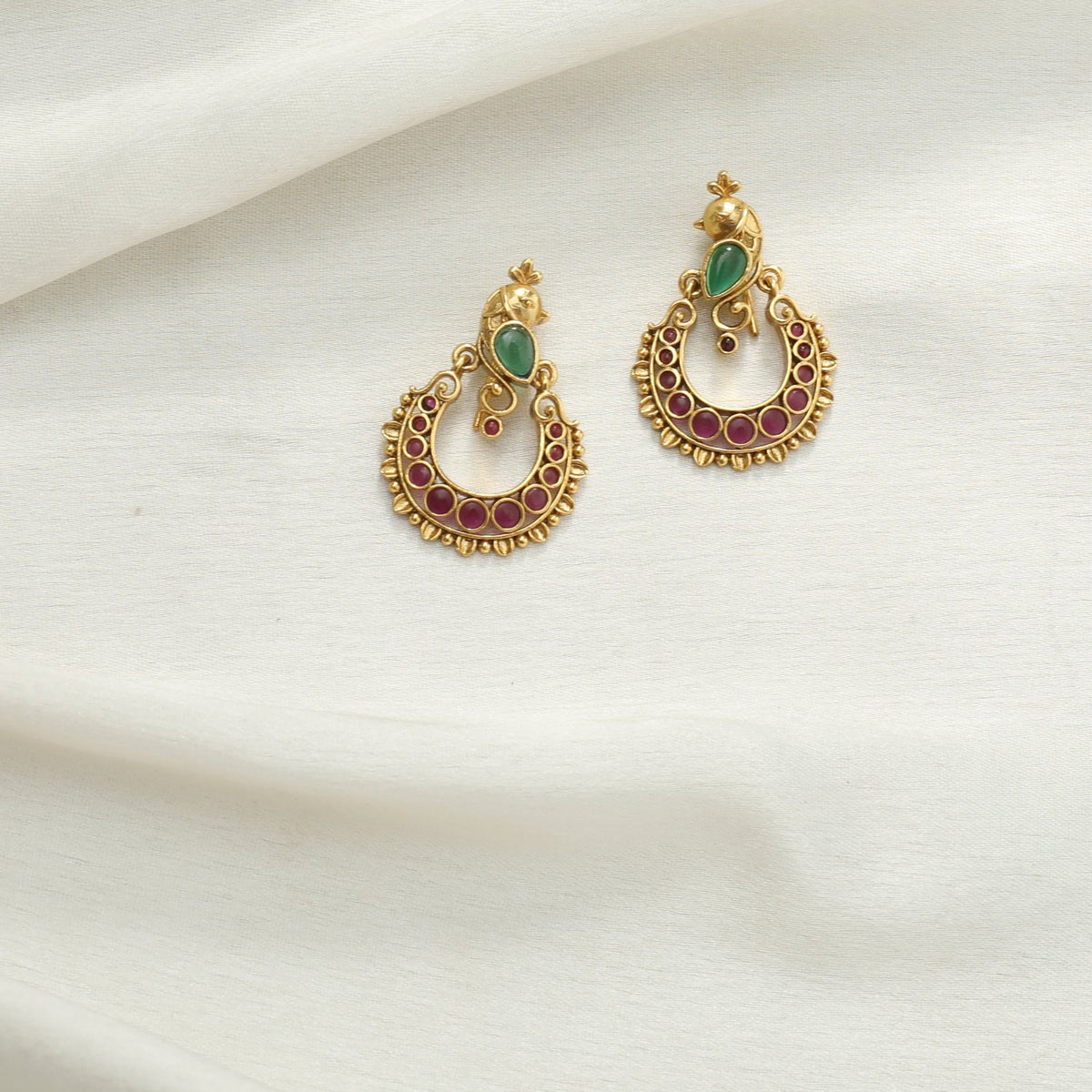 Aaravi Antique Red Green Kempu Chandbali Earrings