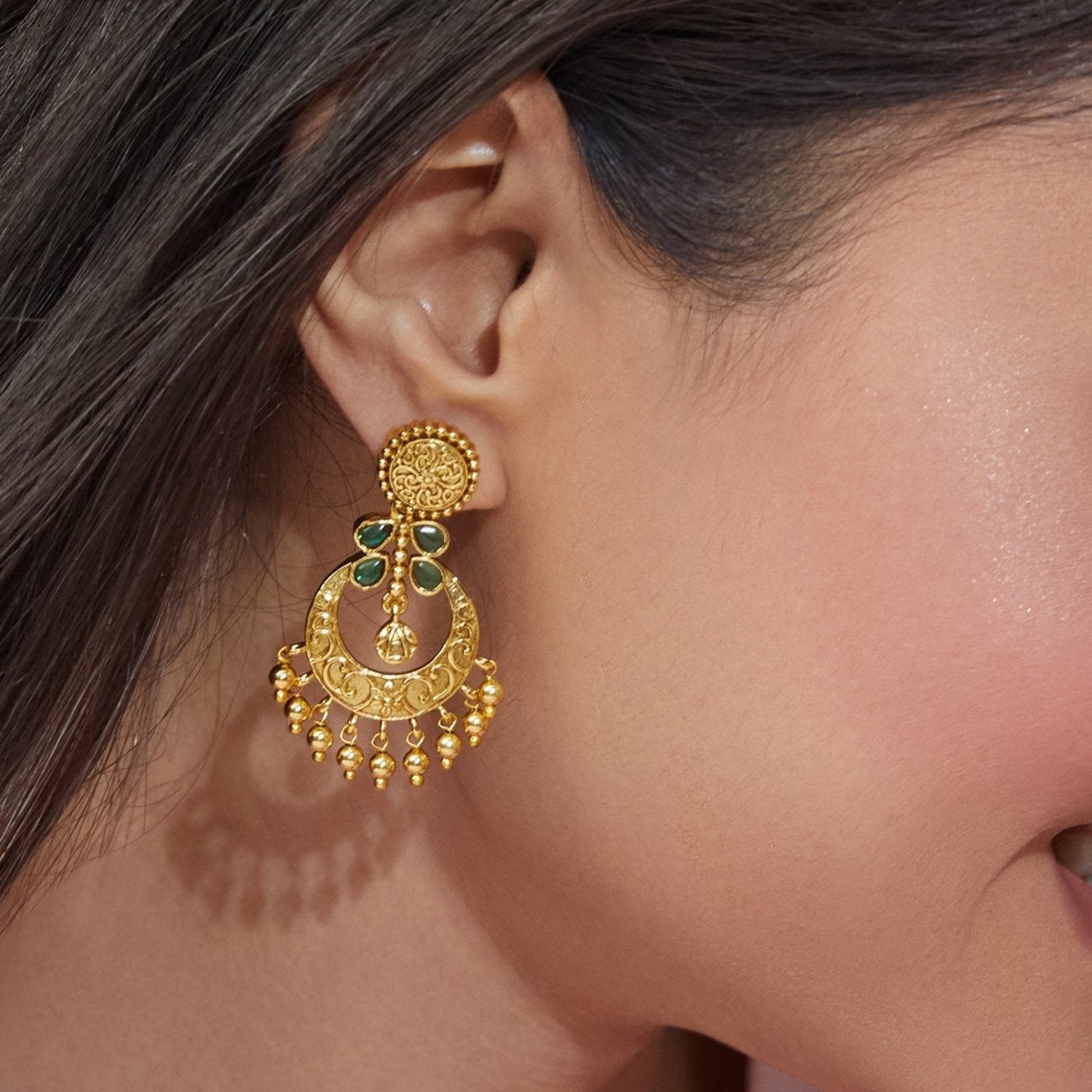 Riva Antique Green Kempu Chandbali Earrings