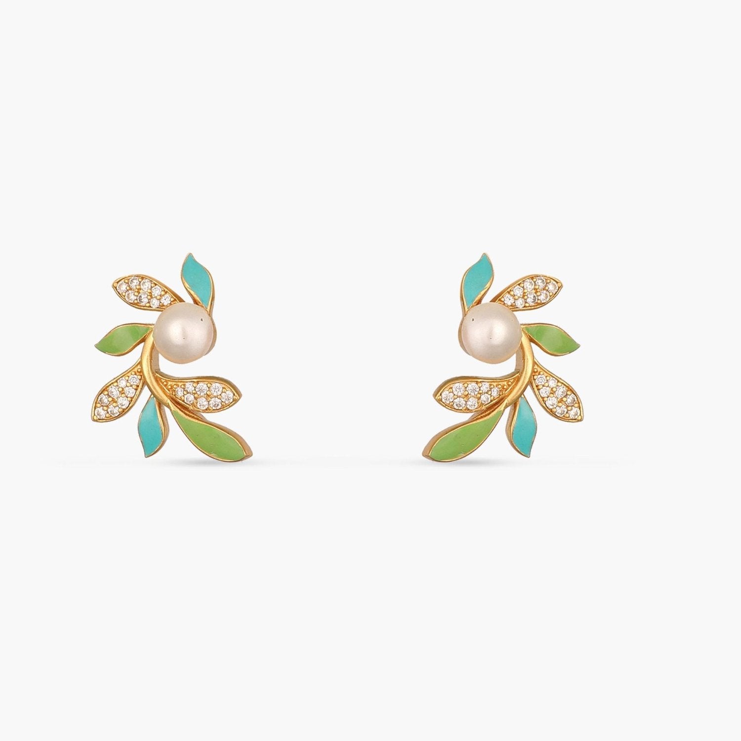 Eriha Pearl CZ Green Leaf Stud Earrings 