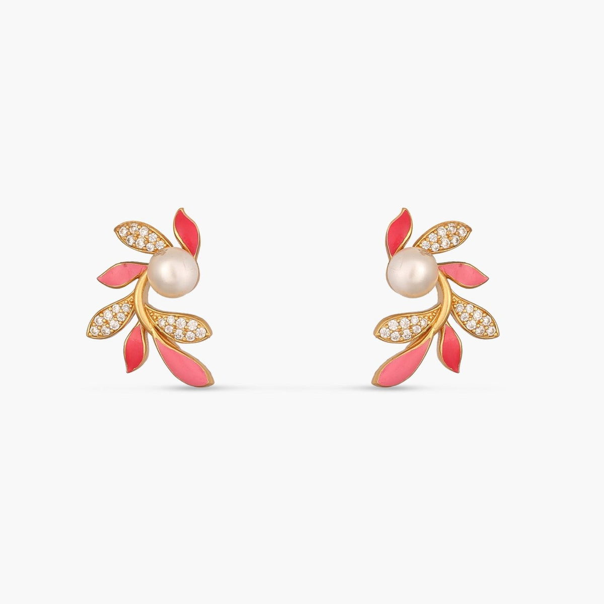 Eriha Pearl CZ Pink Leaf Stud Earrings