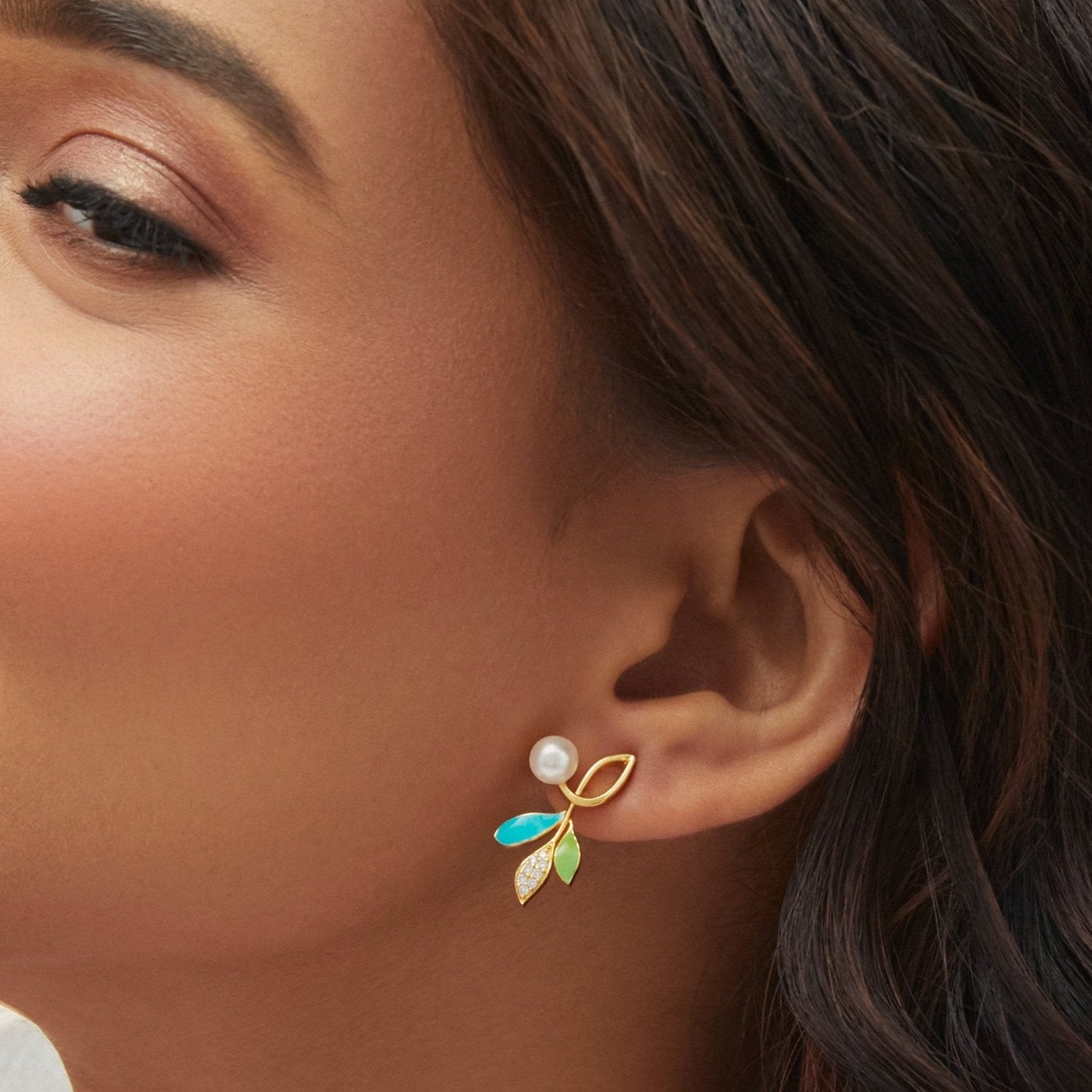 Eriha Pearl Statement Green Leaf Stud Earrings