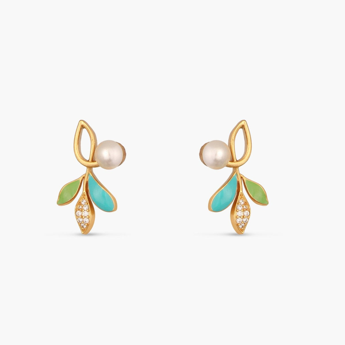 Eriha Pearl Statement Green Leaf Stud Earrings