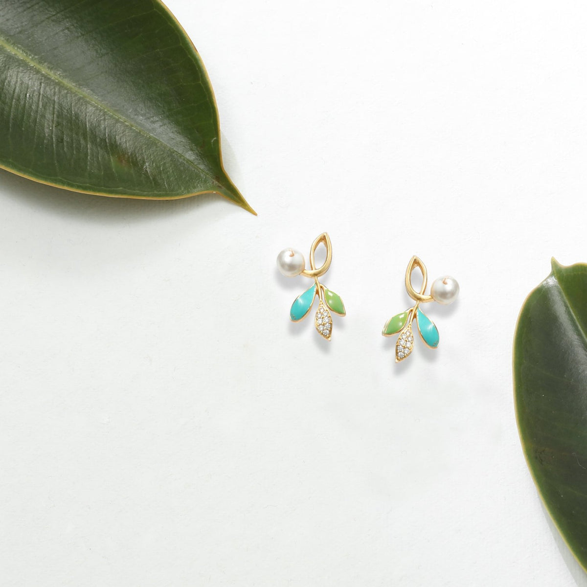 Eriha Pearl Statement Green Leaf Stud Earrings