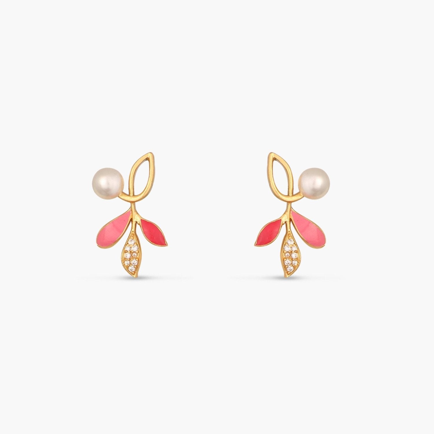 Eriha Pearl Statemnet Pink Leaf Stud Earrings 