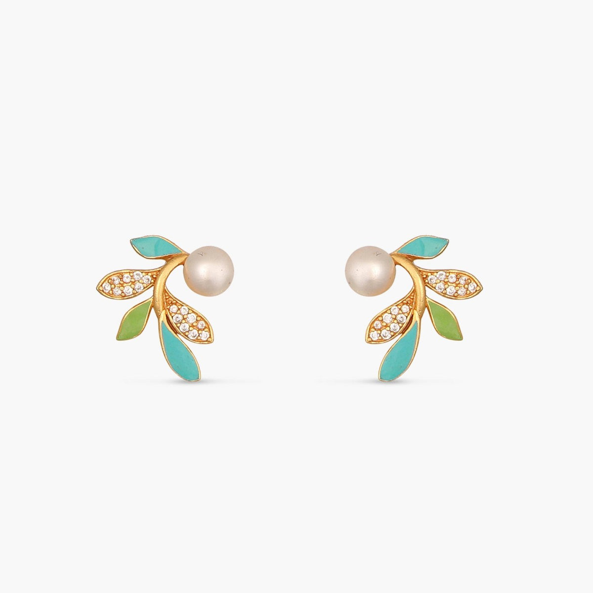 Eriha Pearl Delicate Green Leaf Stud Earrings 