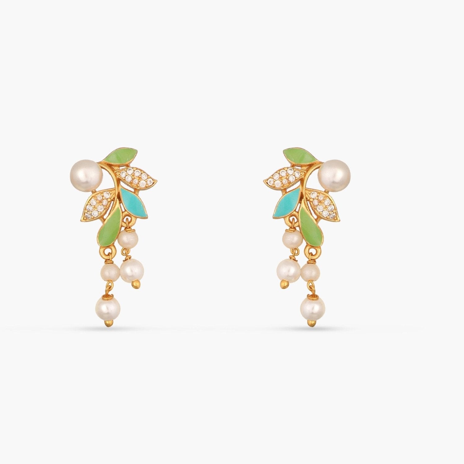 Eriha Pearl CZ Green Leaf Drop Earrings