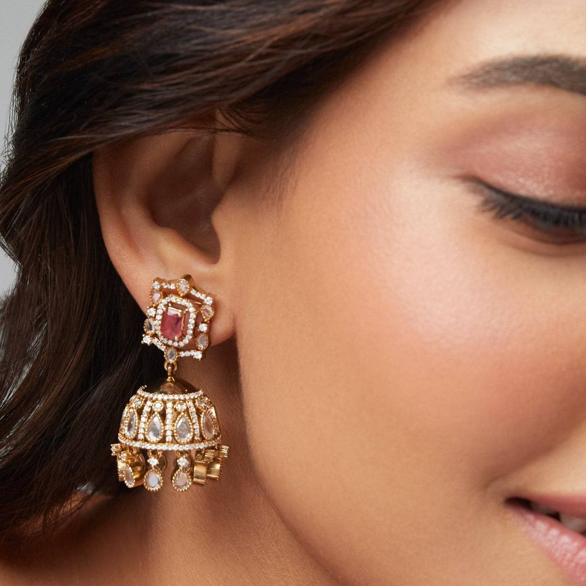 Ariana CZ Red Jhumka Earrings