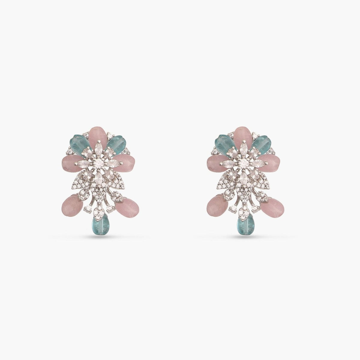 Floral Elegance CZ Aqua Beads Stud Earrings