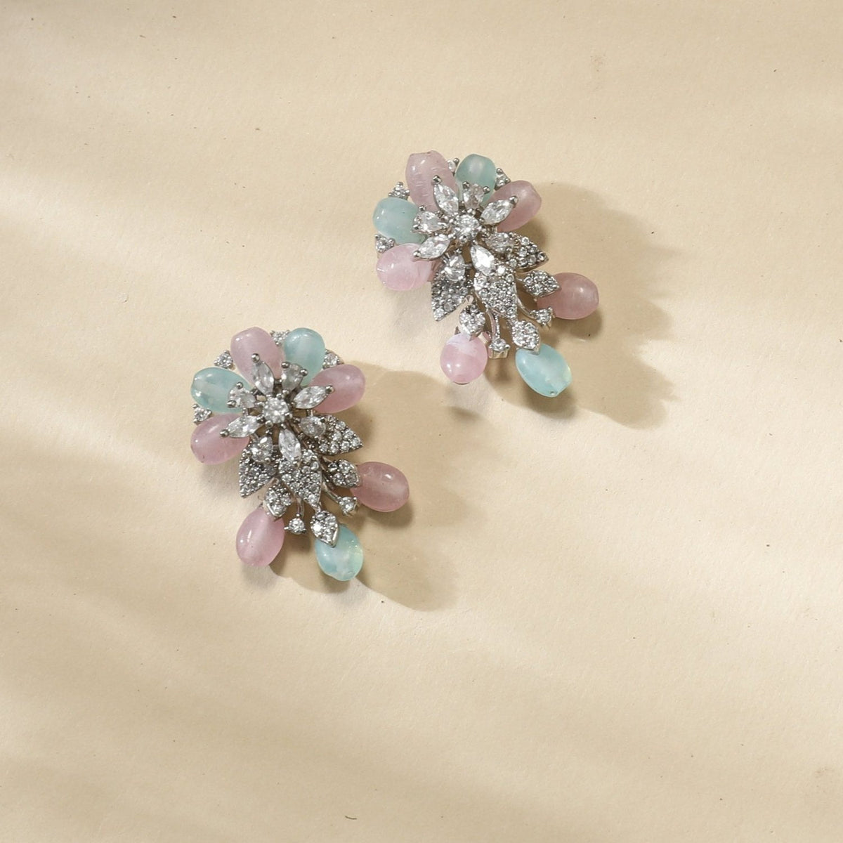 Floral Elegance CZ Mint Beads Stud Earrings