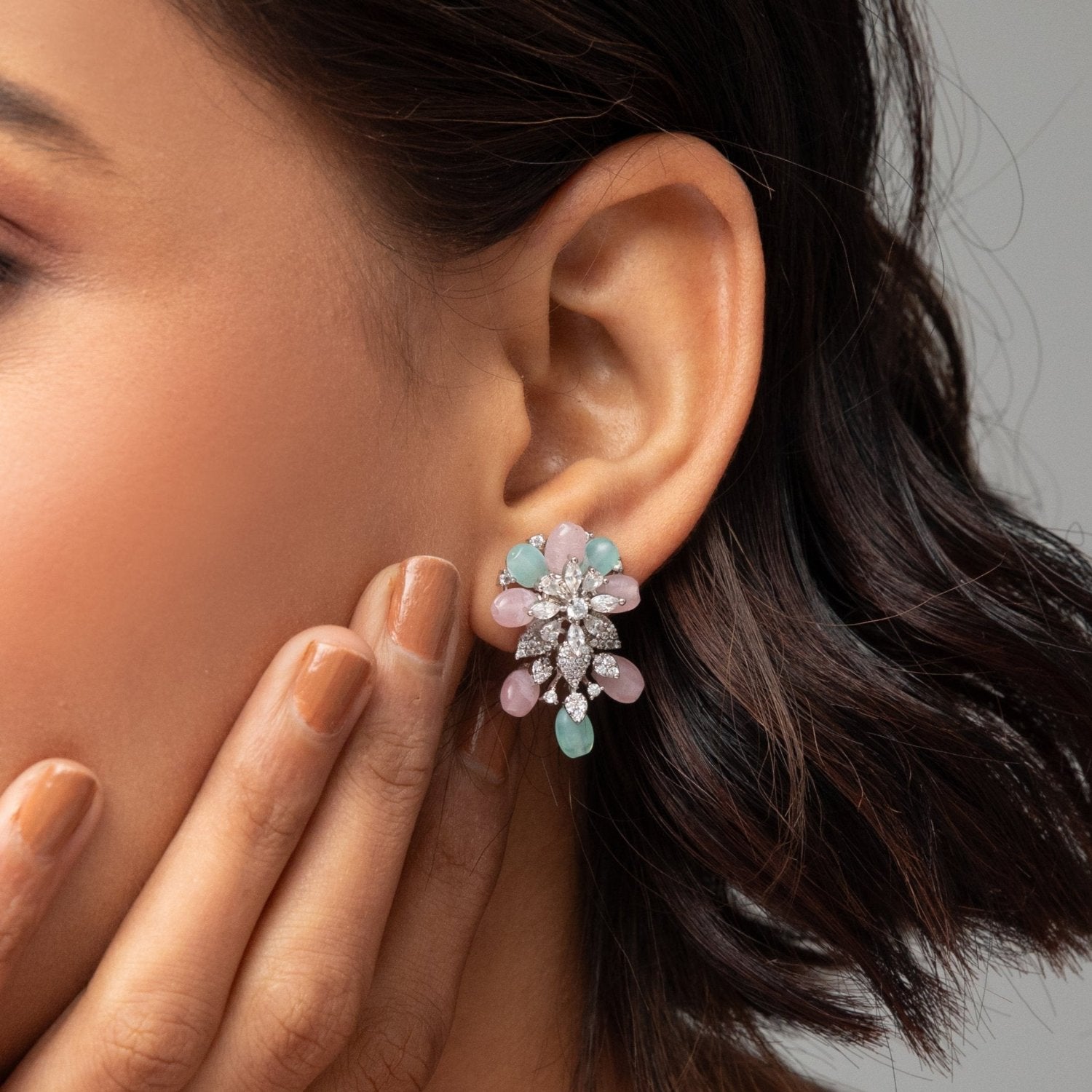 Floral Elegance CZ Mint Beads Stud Earrings