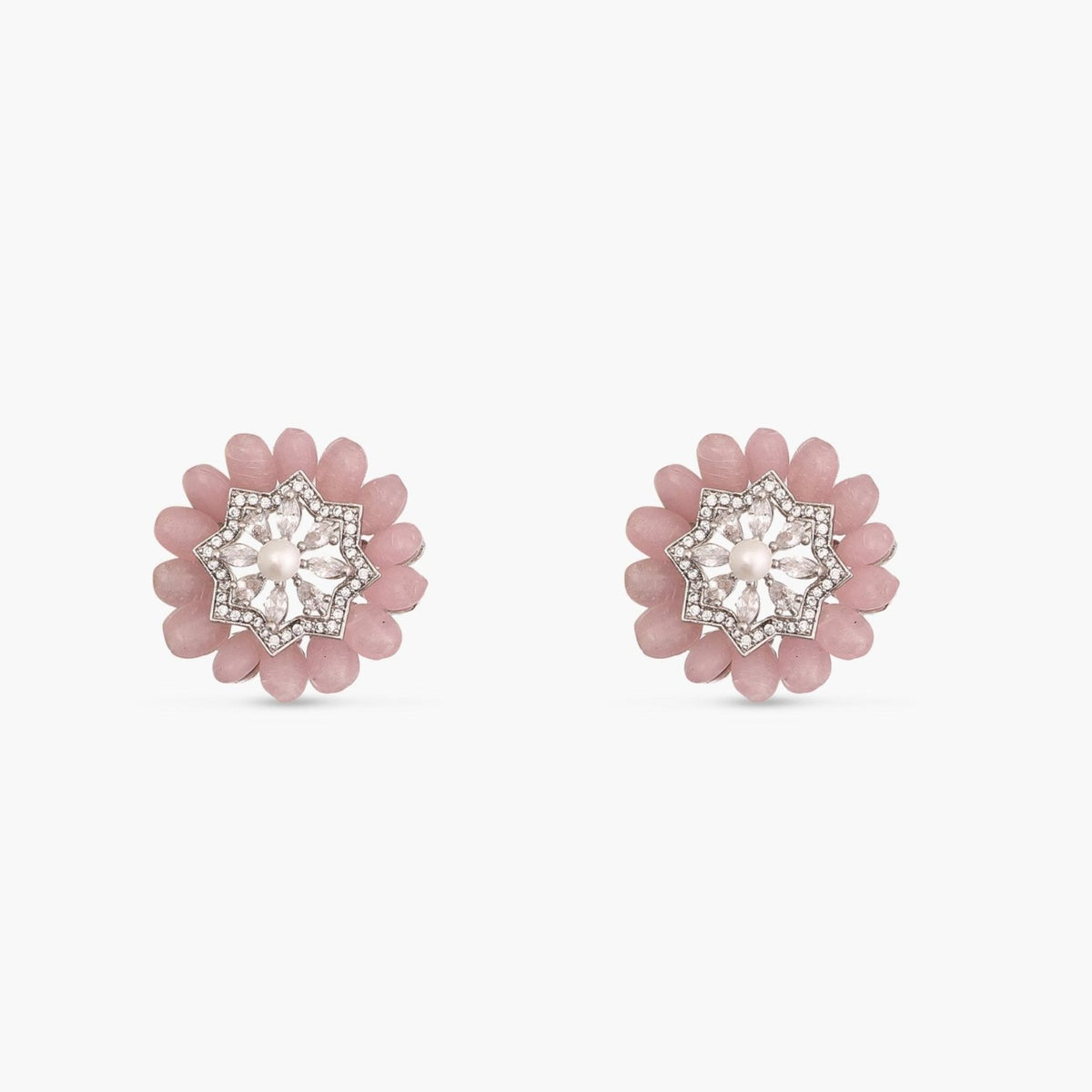 Floral Charm CZ Pink Beads &amp; Pearl Stud Earrings