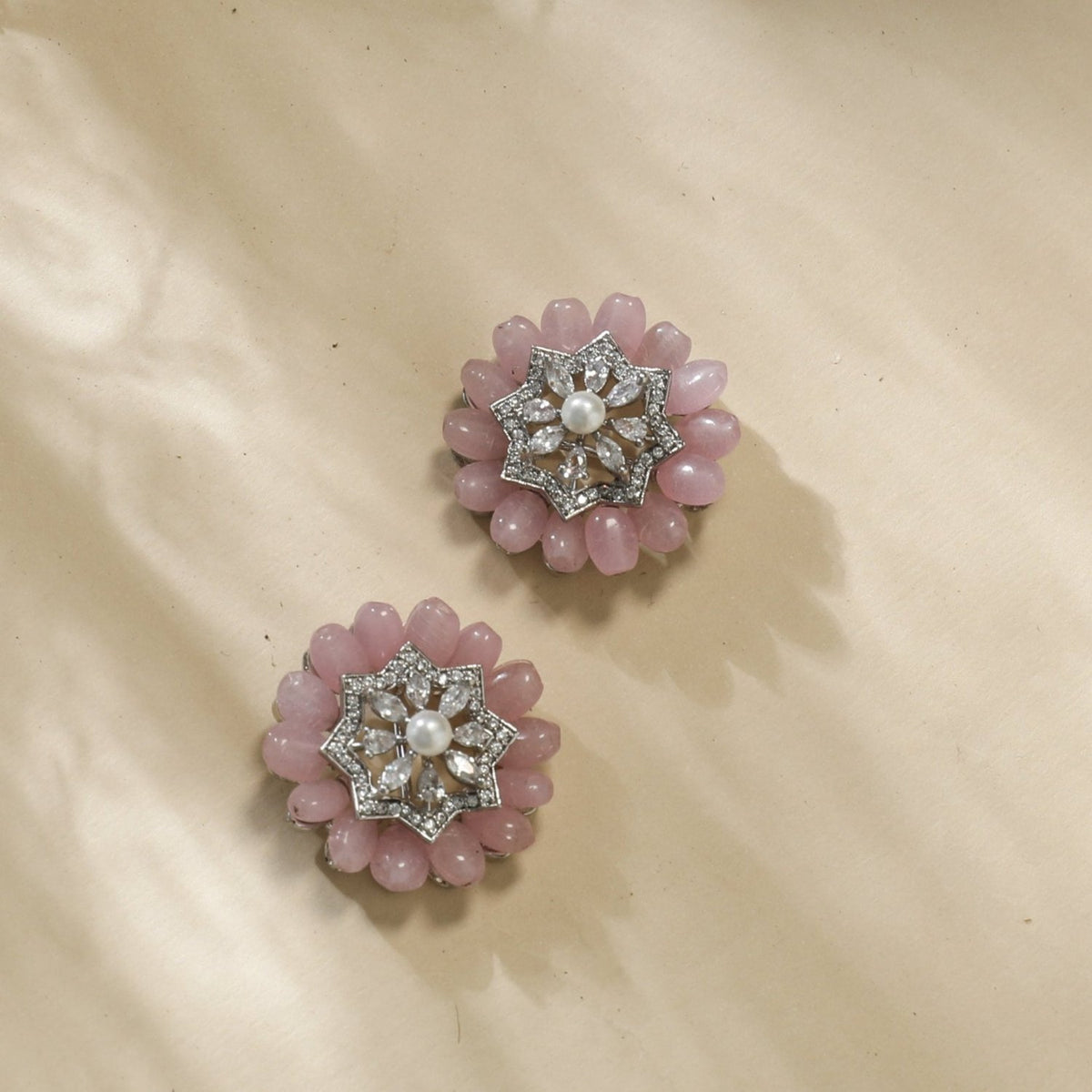 Floral Charm CZ Pink Beads &amp; Pearl Stud Earrings