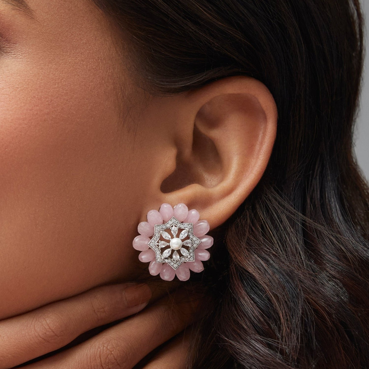 Floral Charm CZ Pink Beads &amp; Pearl Stud Earrings