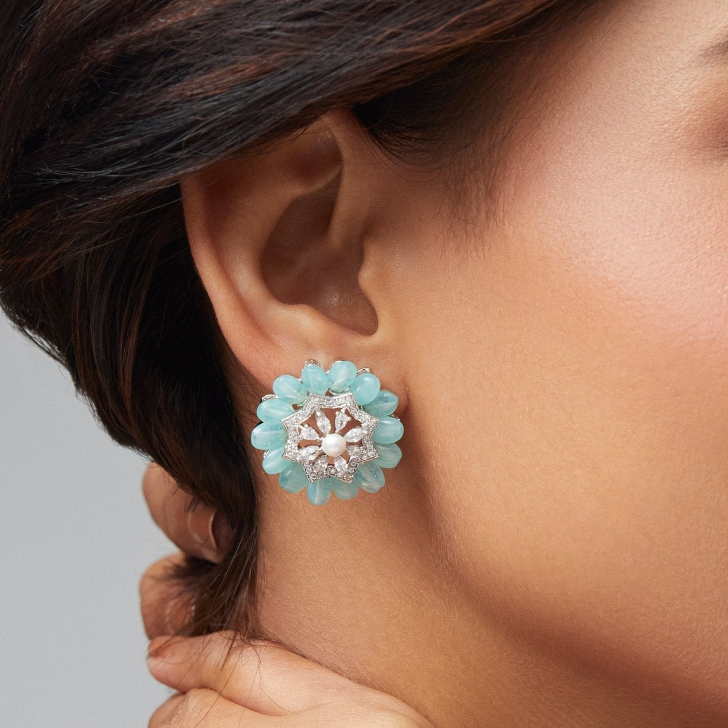 Floral Charm CZ Mint Beads & Pearl Stud Earrings