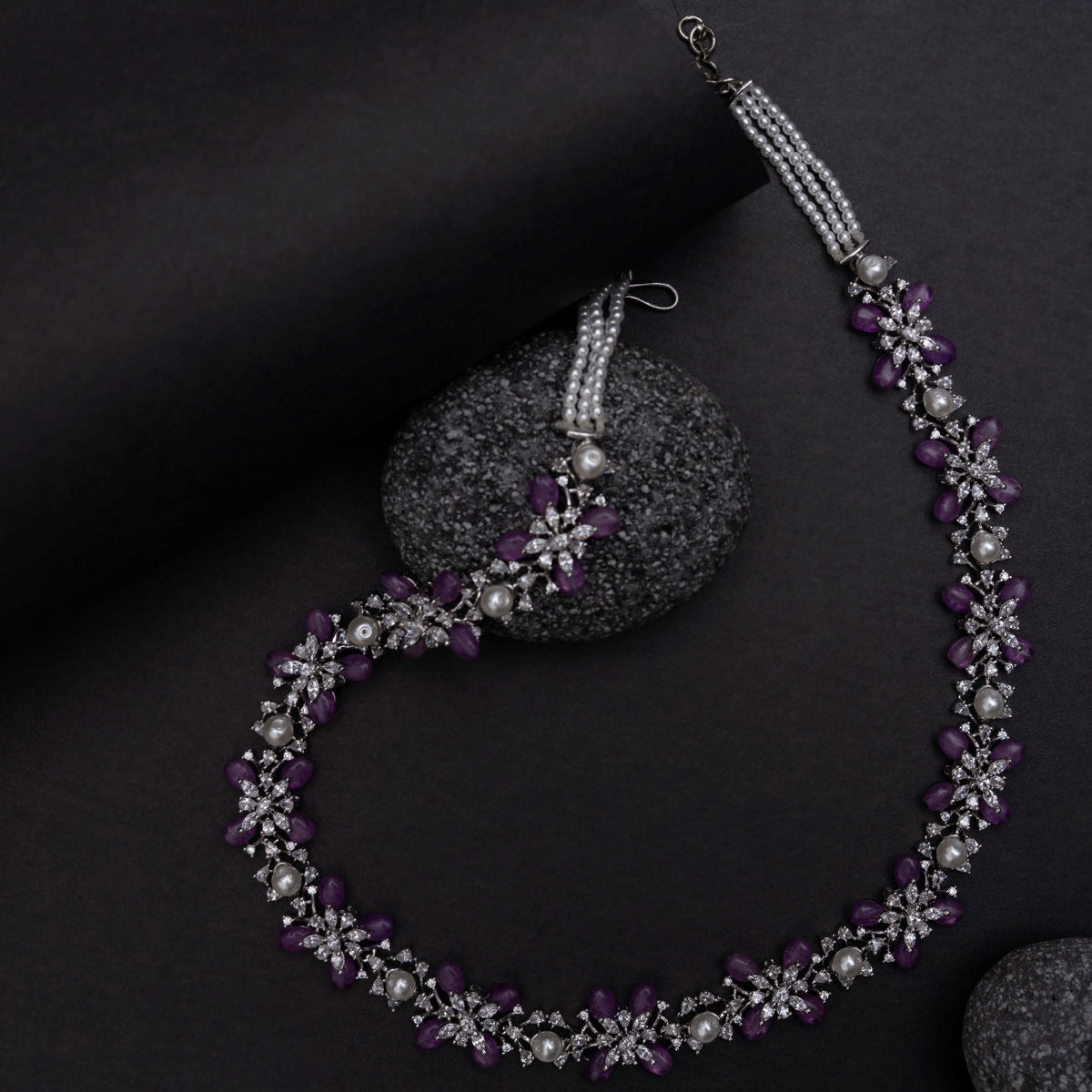 Floral Petal CZ Lavender Beads &amp; Pearl Long Necklace