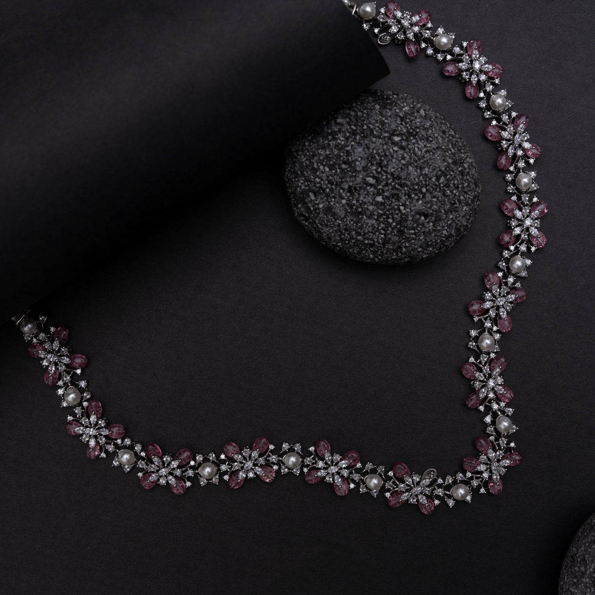 Floral Bloom CZ Pink Beads & Pearl Long Necklace