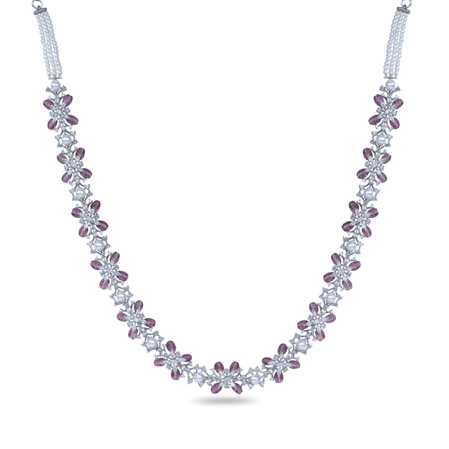 Floral Bloom CZ Pink Beads & Pearl Long Necklace