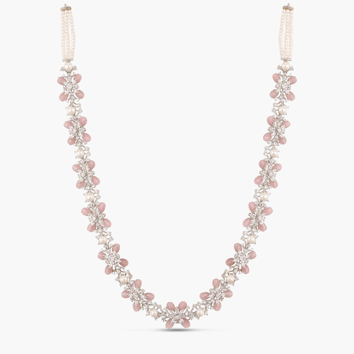 Floral Bloom CZ Pink Beads & Pearl Long Necklace