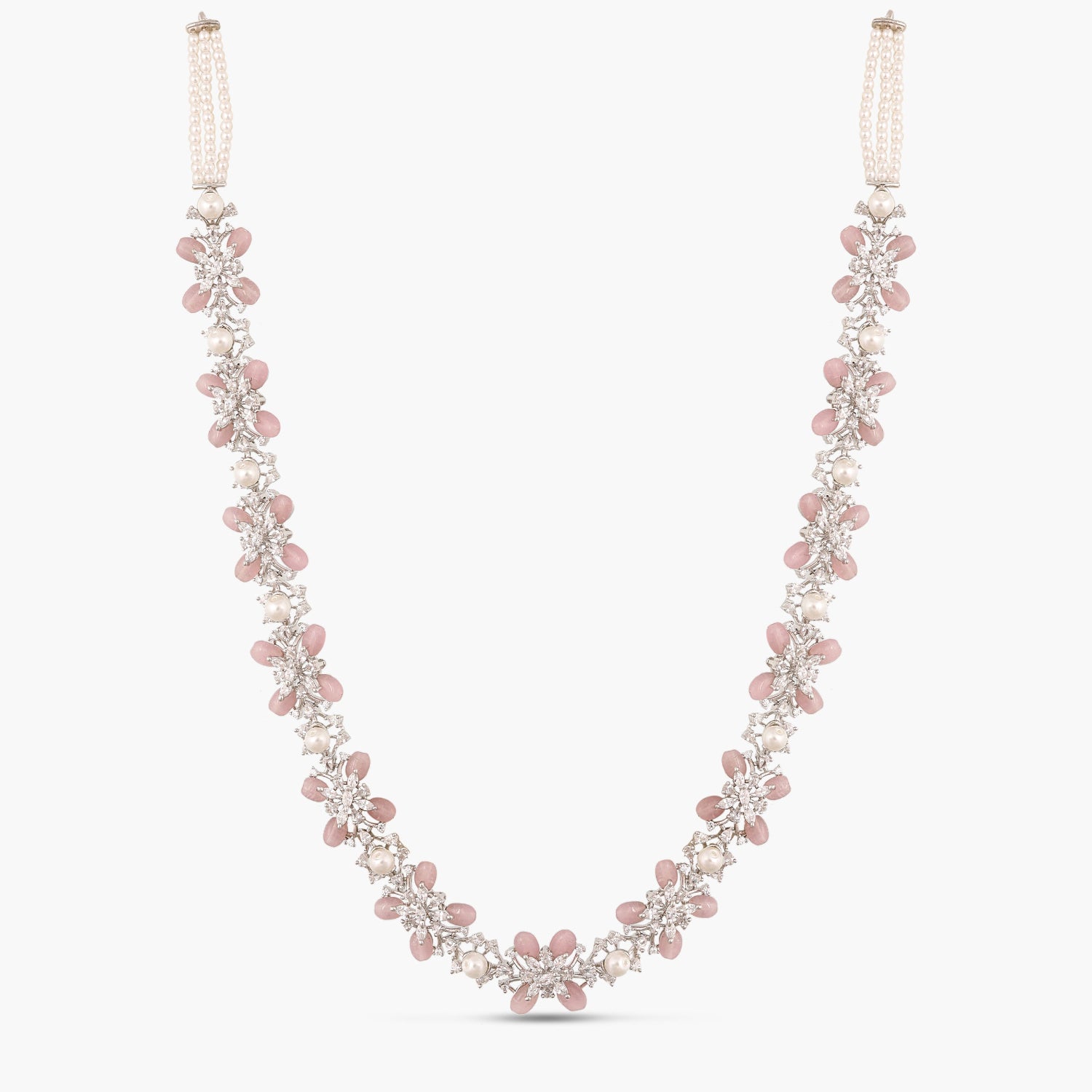 Floral Bloom CZ Pink Beads & Pearl Long Necklace