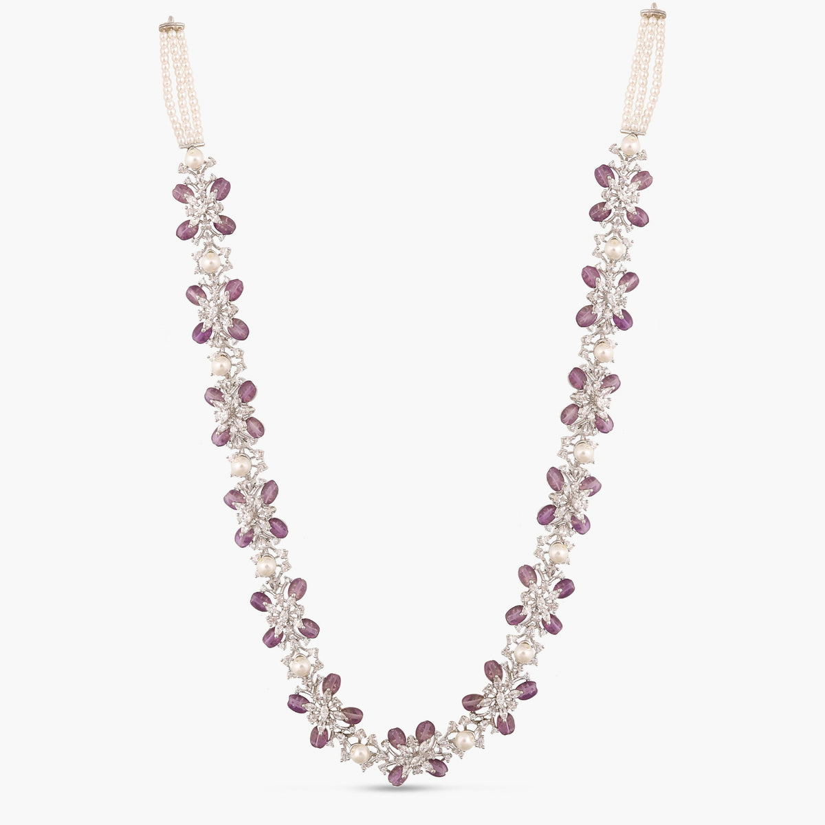 Floral Petal CZ Lavender Beads &amp; Pearl Long Necklace