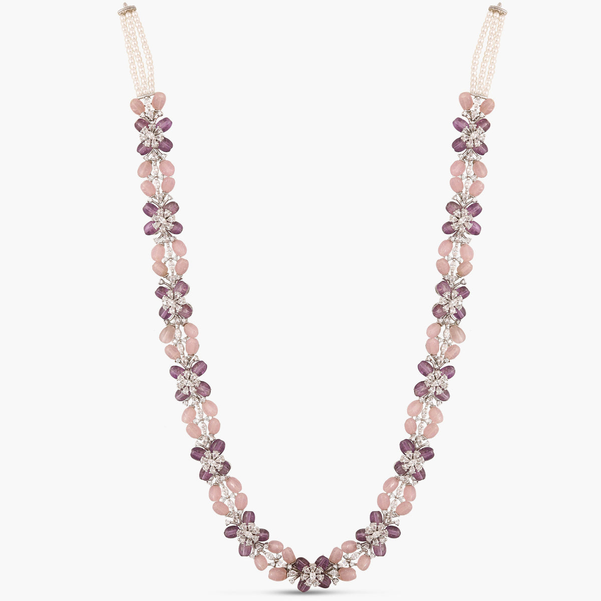 Floral Meadow CZ Pink and Lavender Beads Long Necklace