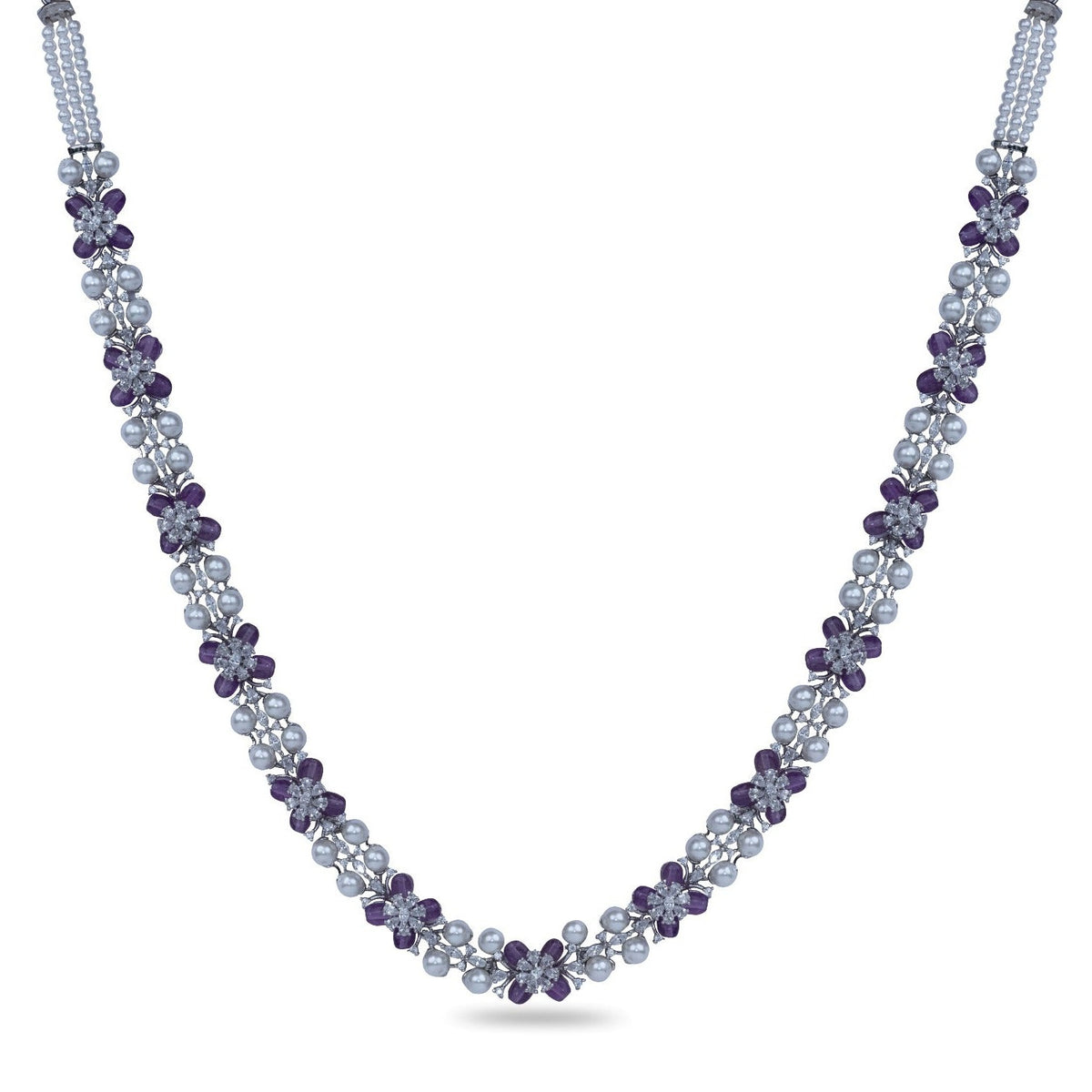 Floral Grace CZ Lavender Beads &amp; Pearl Long Necklace