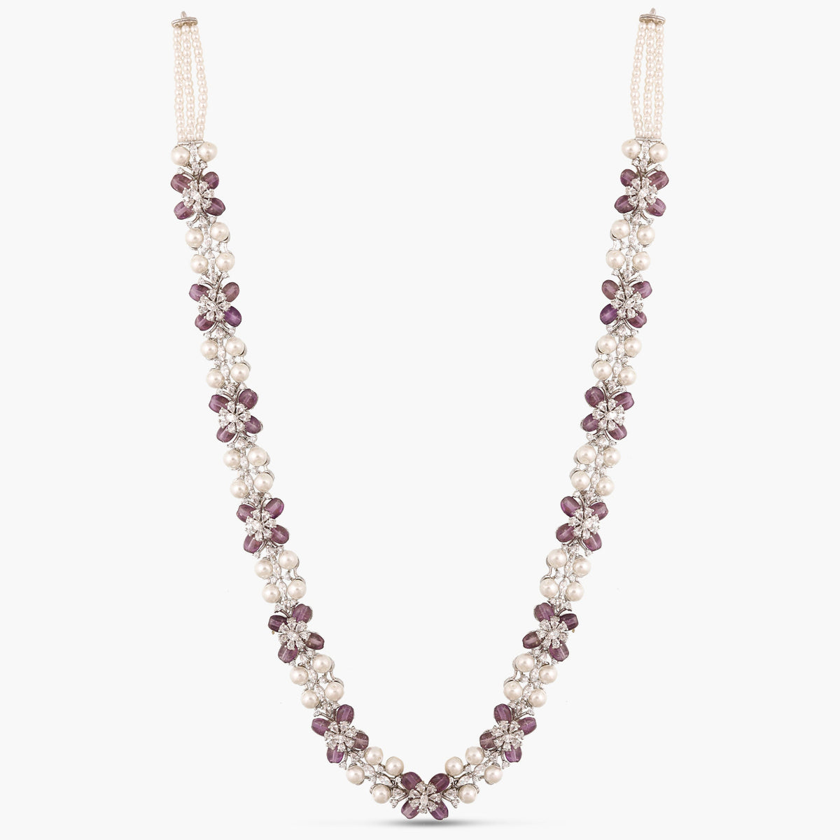 Floral Grace CZ Lavender Beads & Pearl Long Necklace