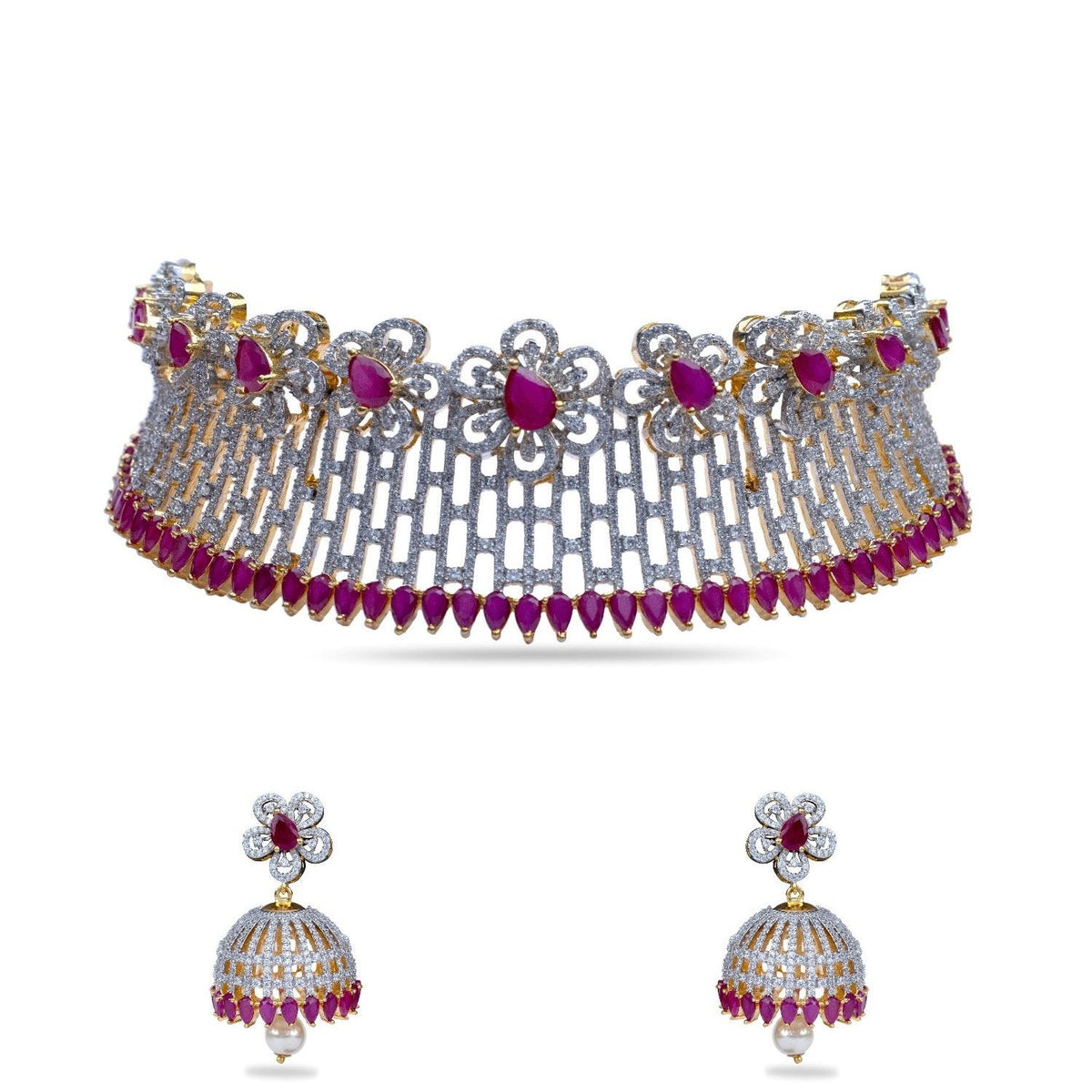 Lilac Floral Red Nakshatra CZ Choker Set