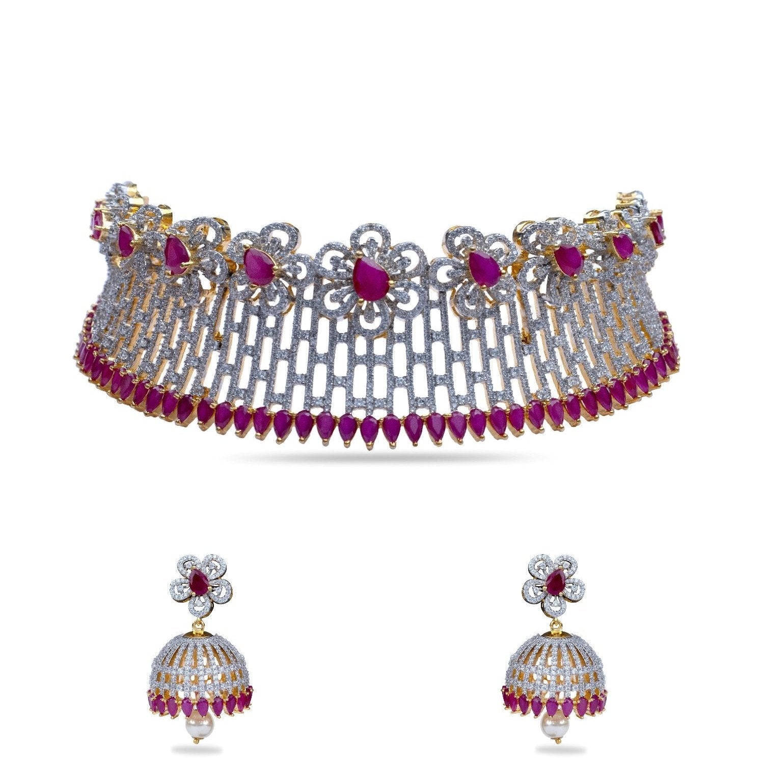 Lilac Floral Red Nakshatra CZ Choker Set