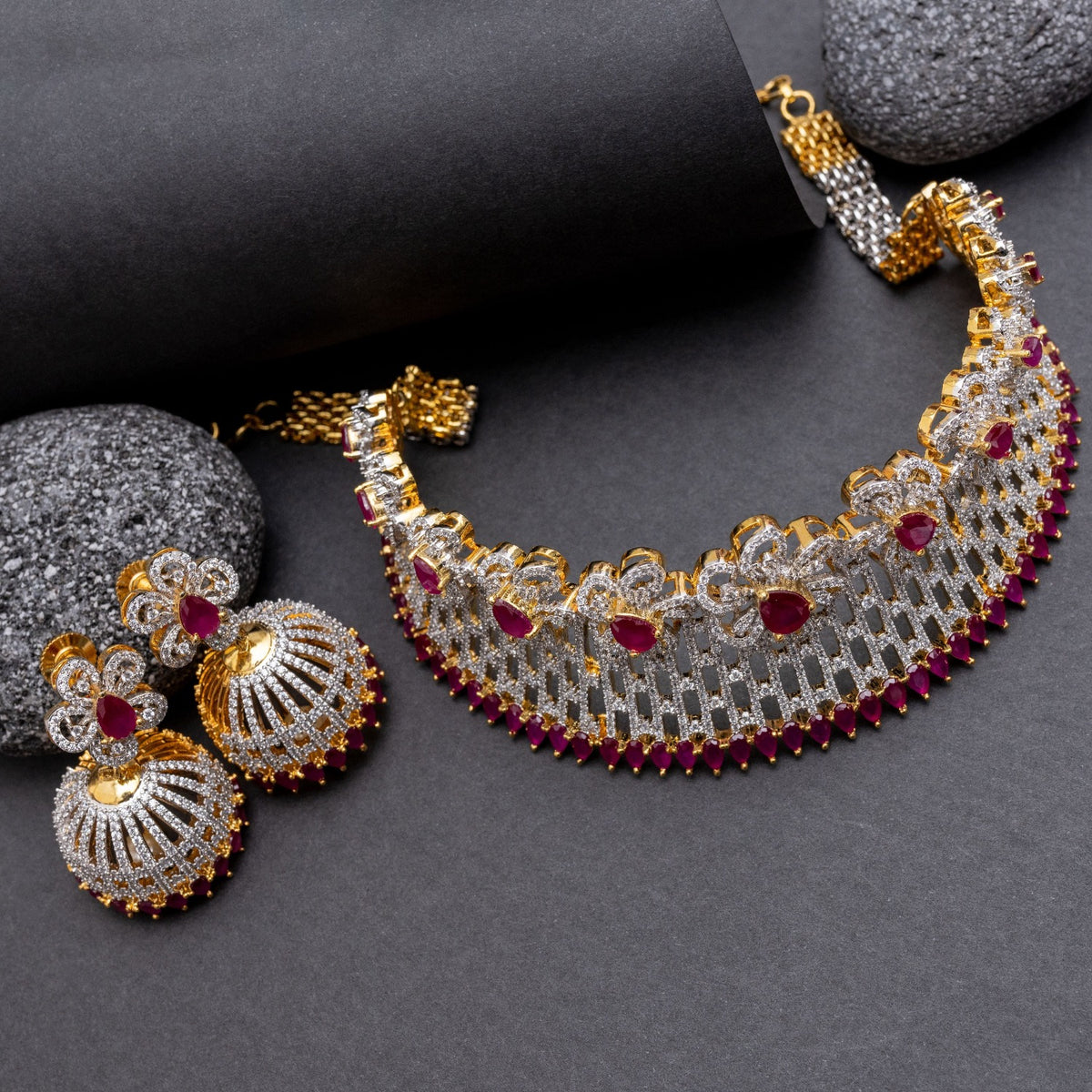 Lilac Floral Red Nakshatra CZ Choker Set