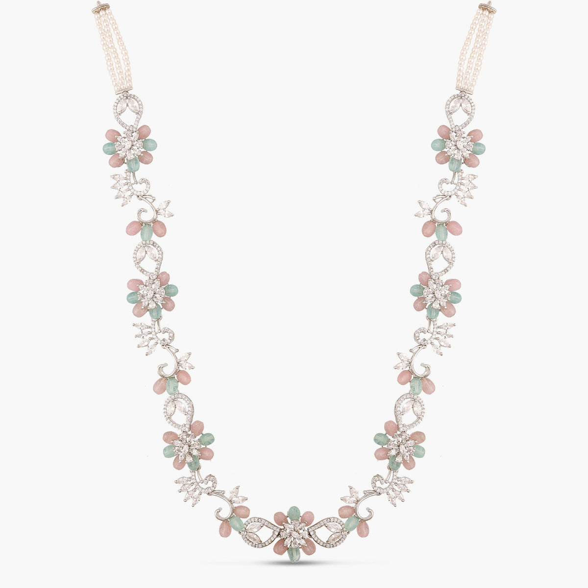 Floral Meadow CZ Pink and Mint Beads Necklace