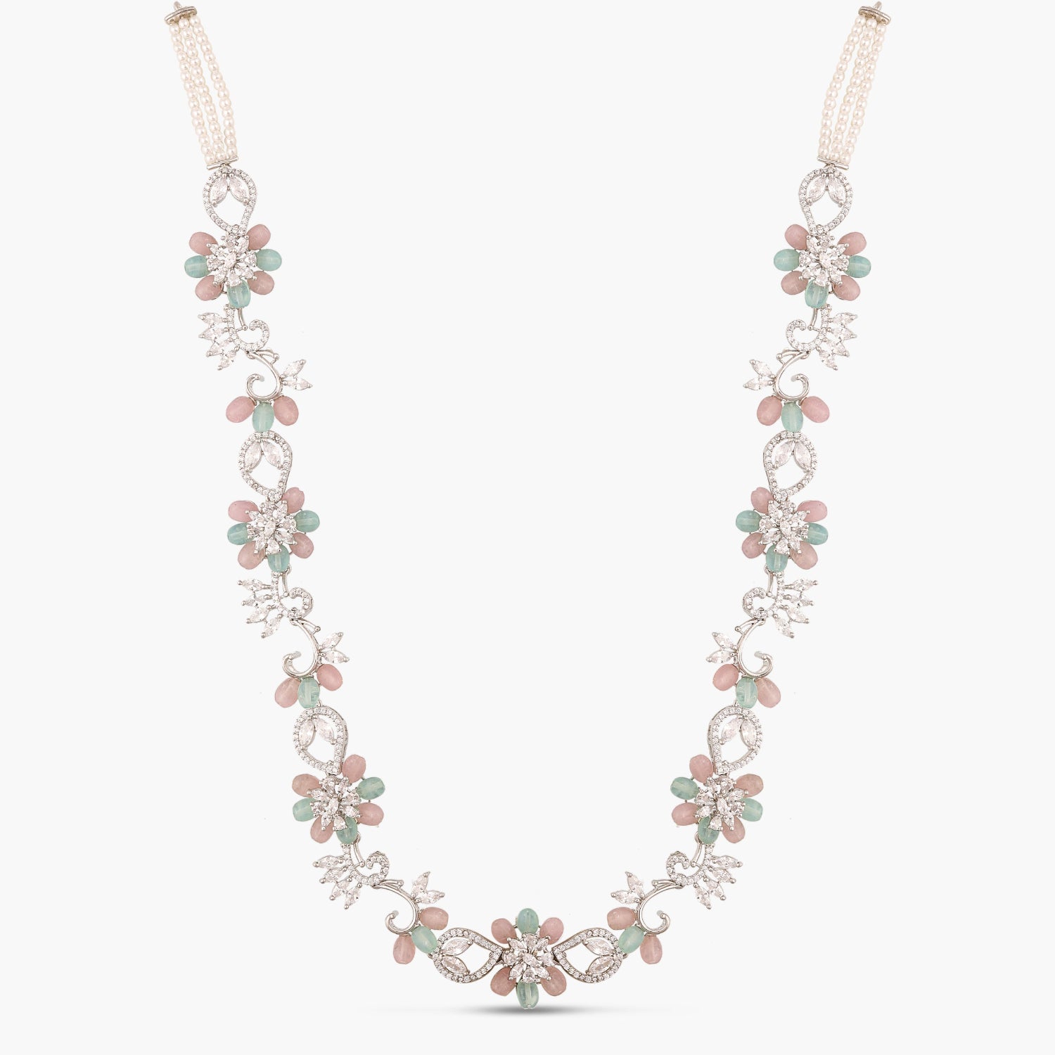 Floral Meadow CZ Pink and Mint Beads Necklace