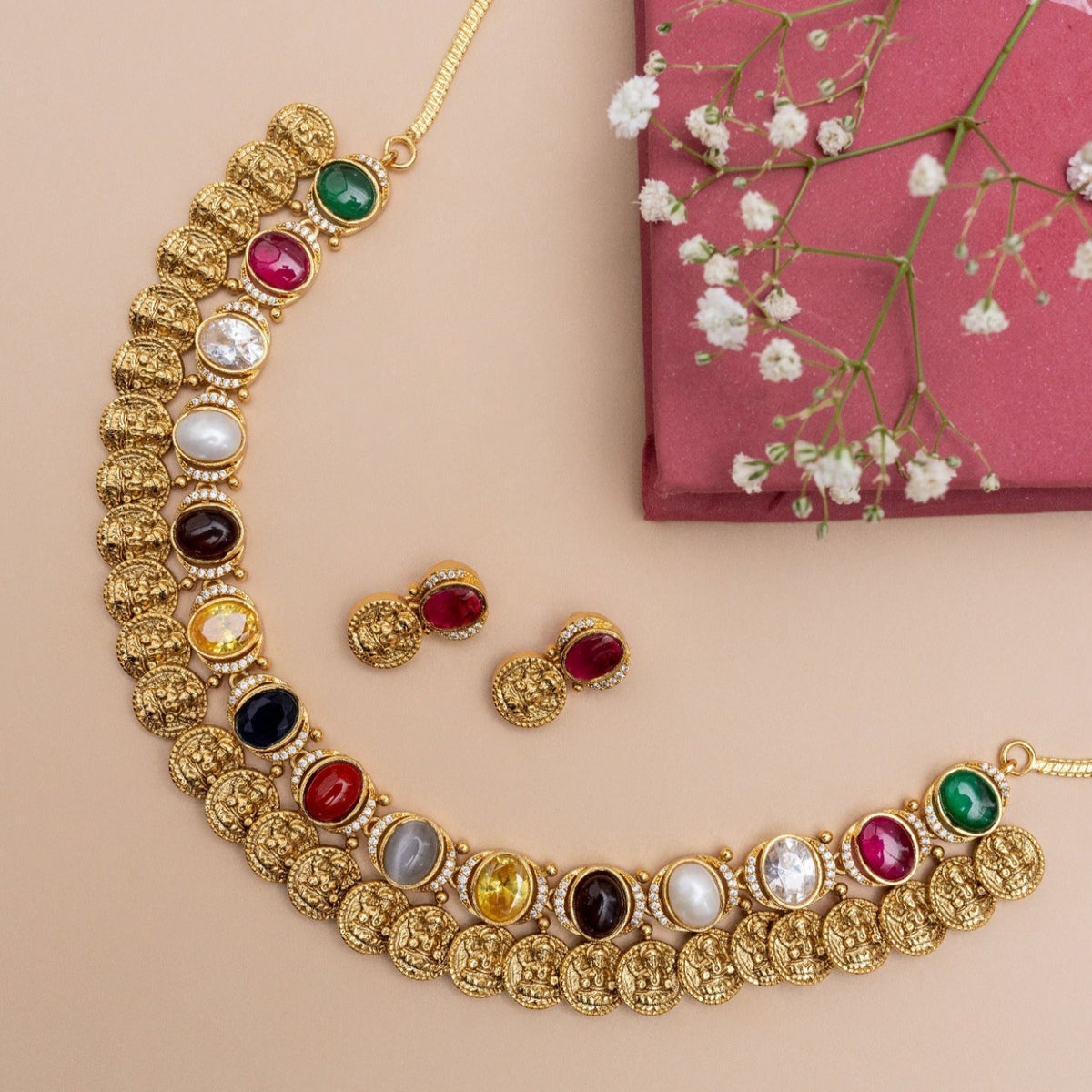 Dhanya Antique Navaratna Necklace Set