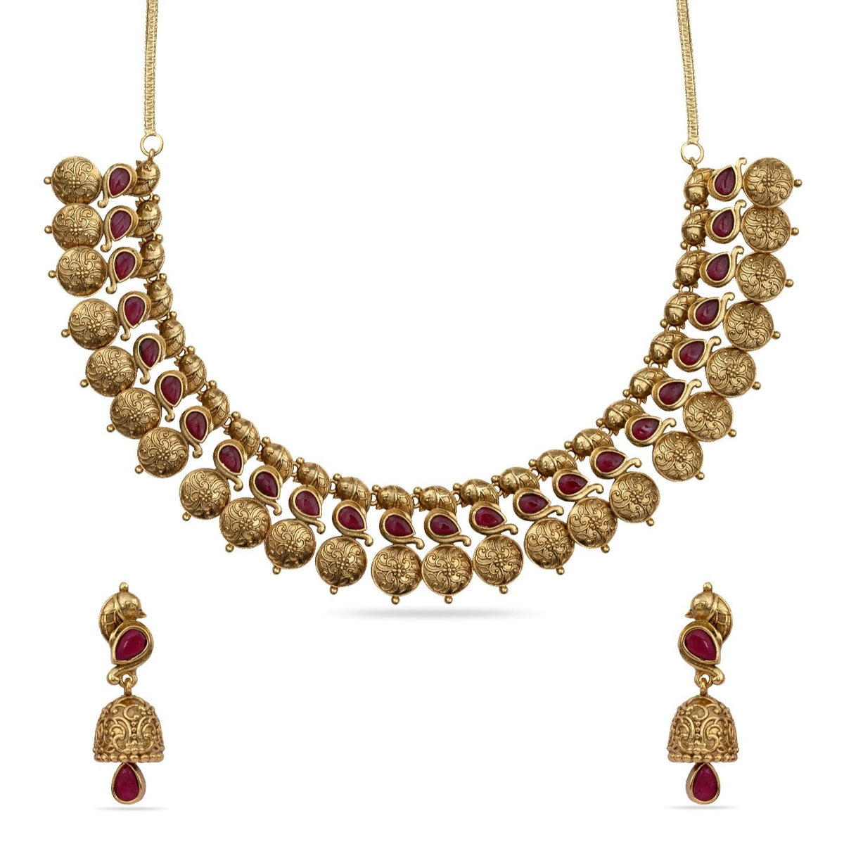 Vachi Antique Temple Red Kempu Necklace Set