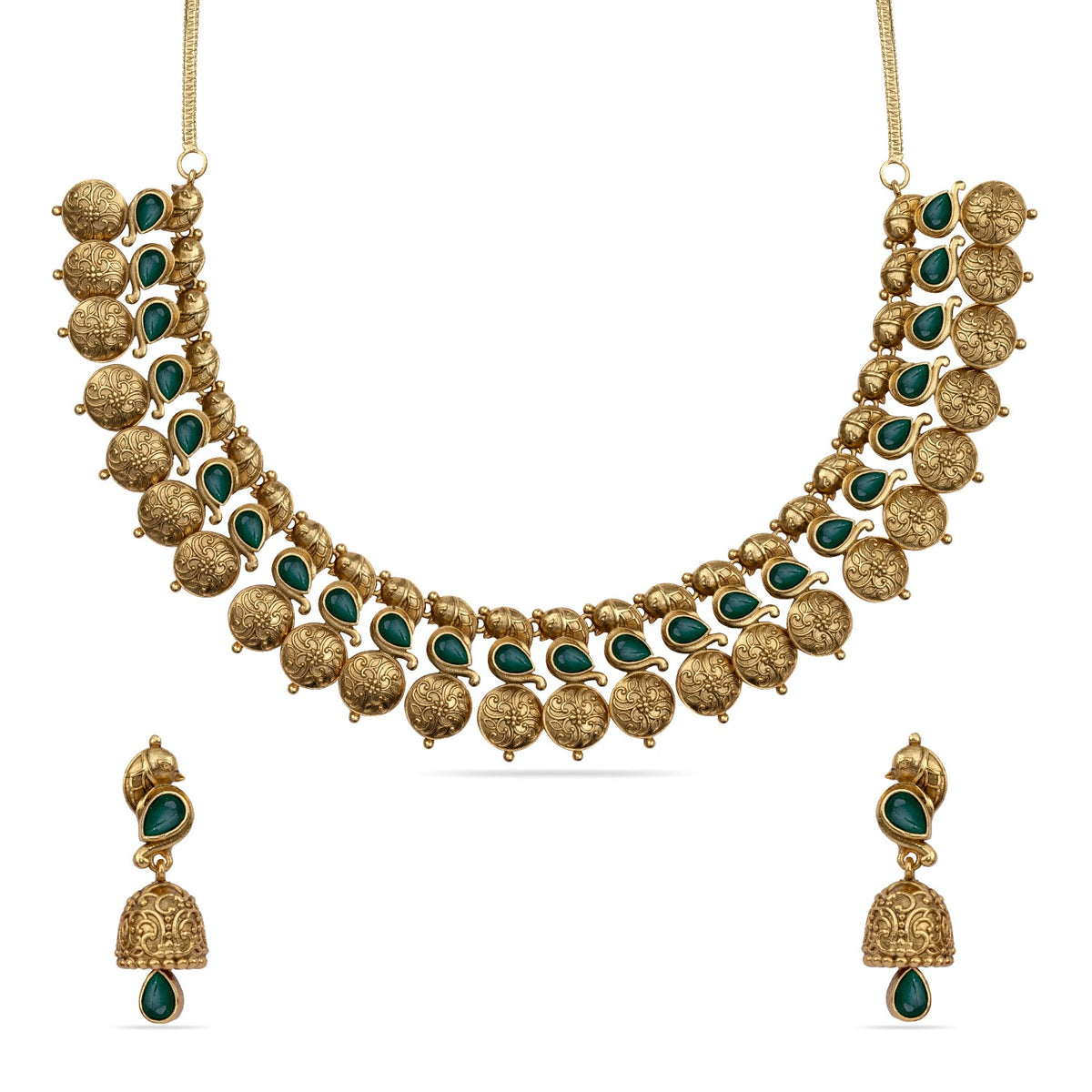 Vachi Antique Temple Green Kempu Necklace Set