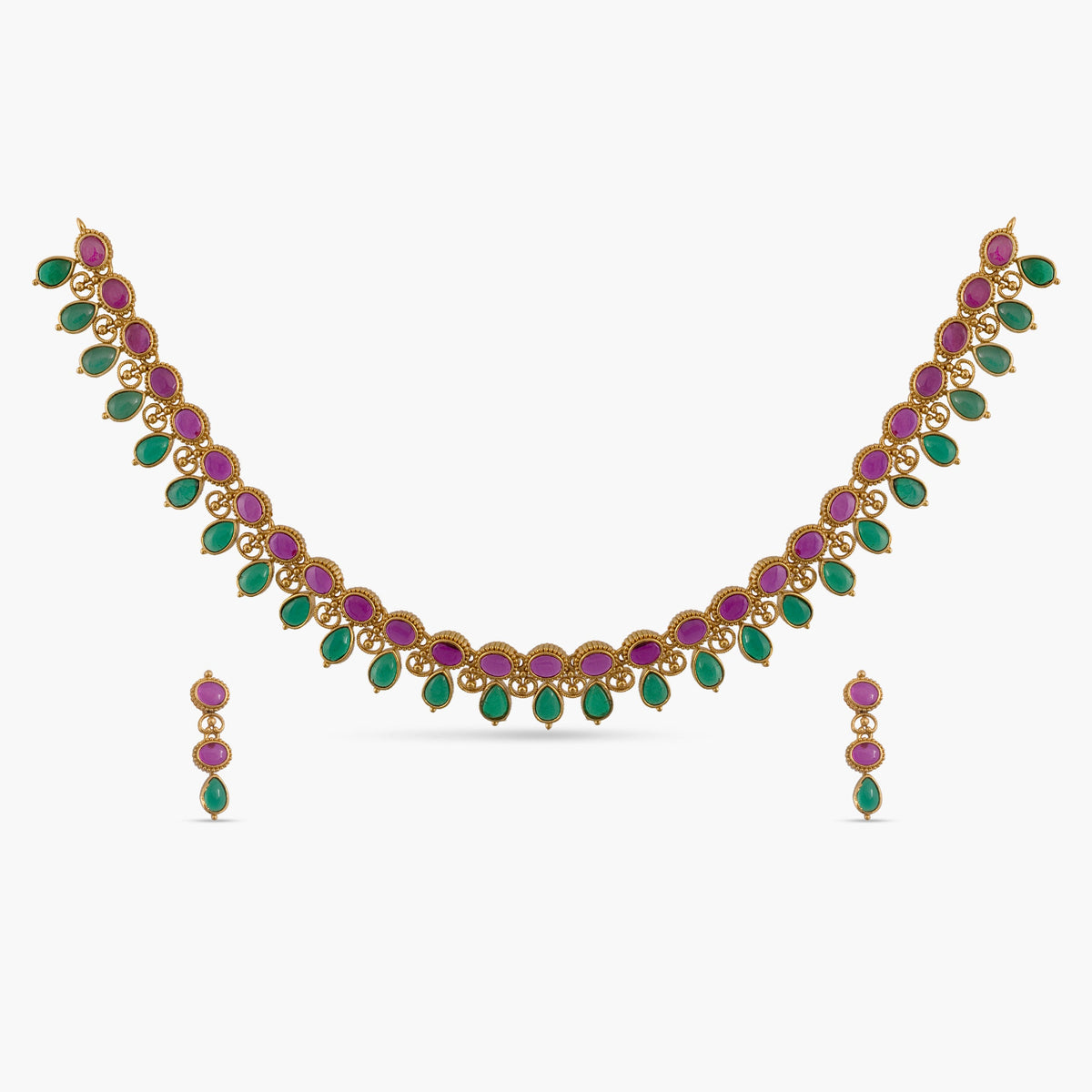 Preeja Antique Red Green Kempu Necklace Set