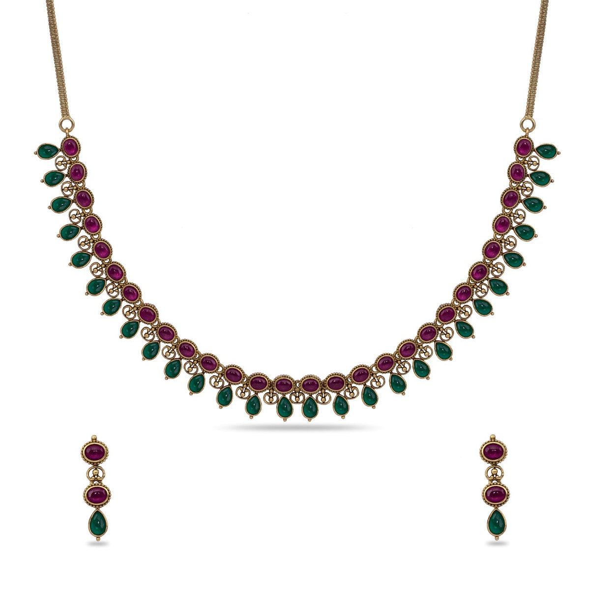 Preeja Antique Red Green Kempu Necklace Set