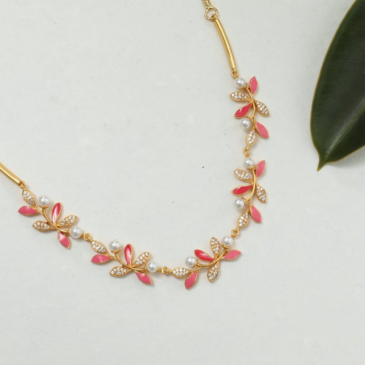 Eriha Pearl Delicate CZ Pink Leaf Necklace