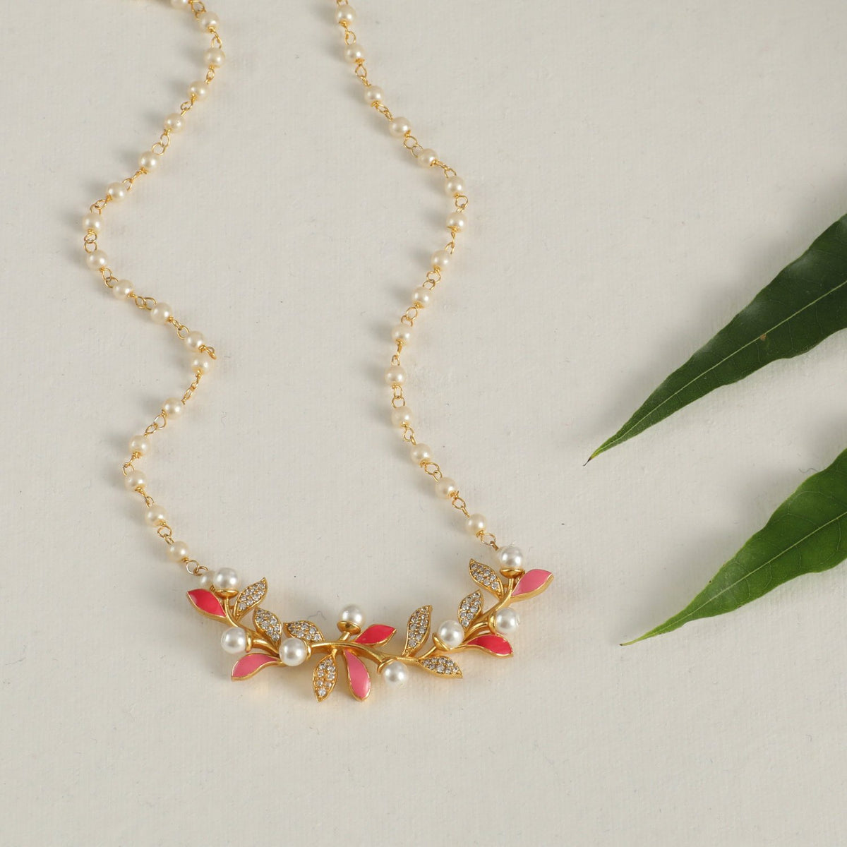 Eriha Pearl Elegant CZ Pink Leaf Necklace 