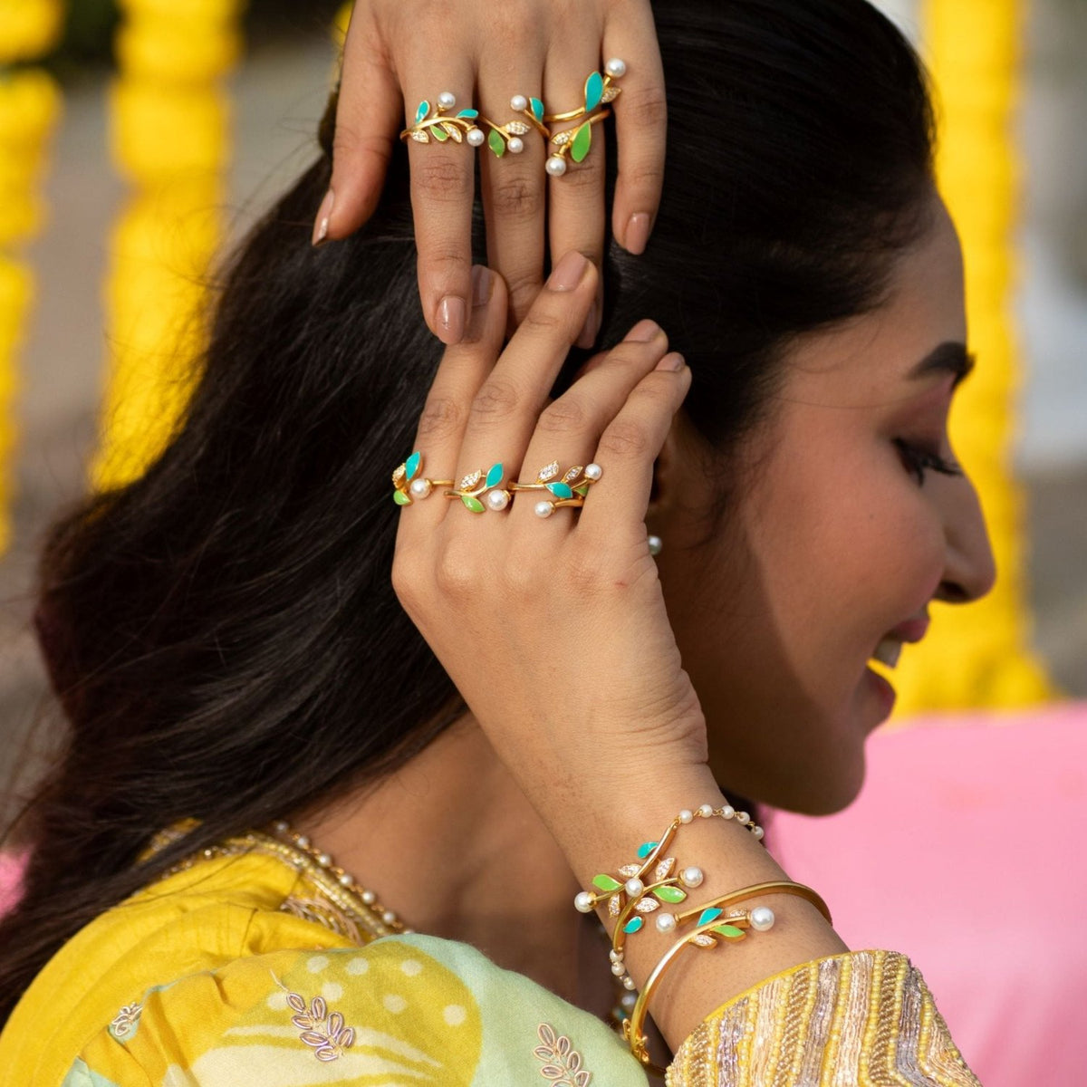 Eriha Pearl Statement CZ Green Leaf Finger Ring